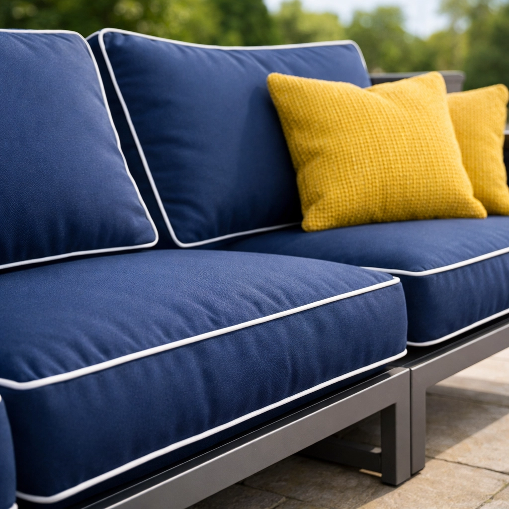 Clean and vibrant navy blue outdoor sofa cushions on a pristine stone patio.
