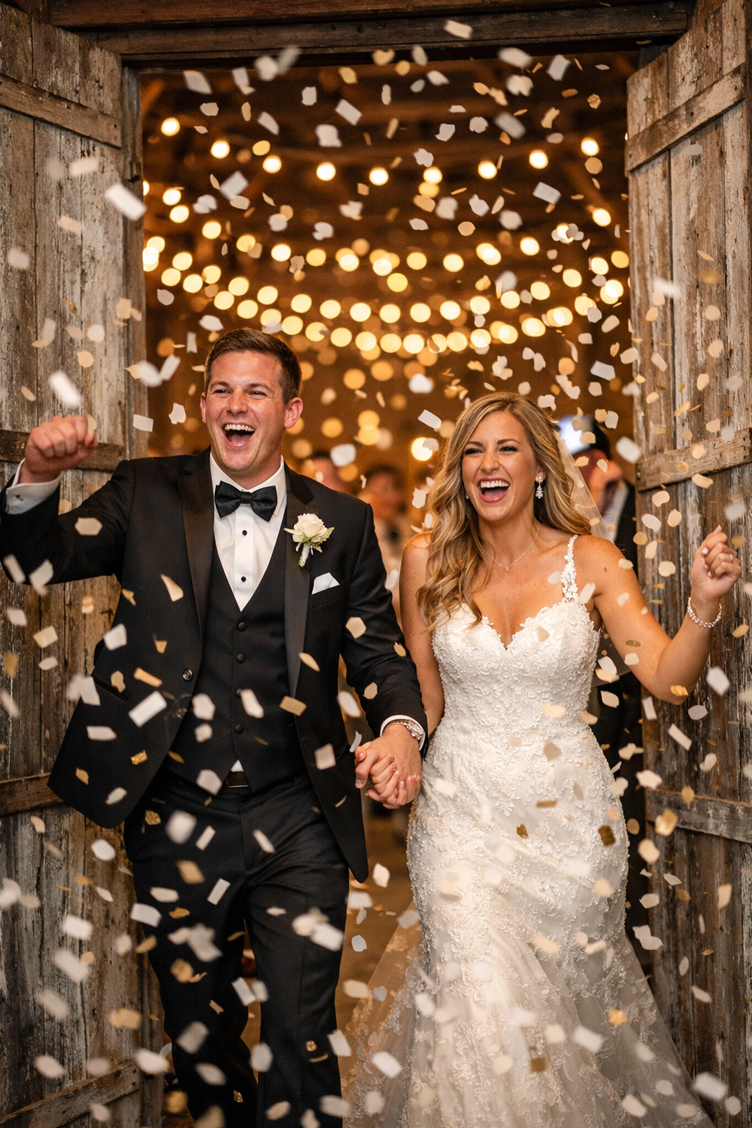Newlyweds grand entrance through rustic barn doors featuring a celebratory confetti machine rental burst.