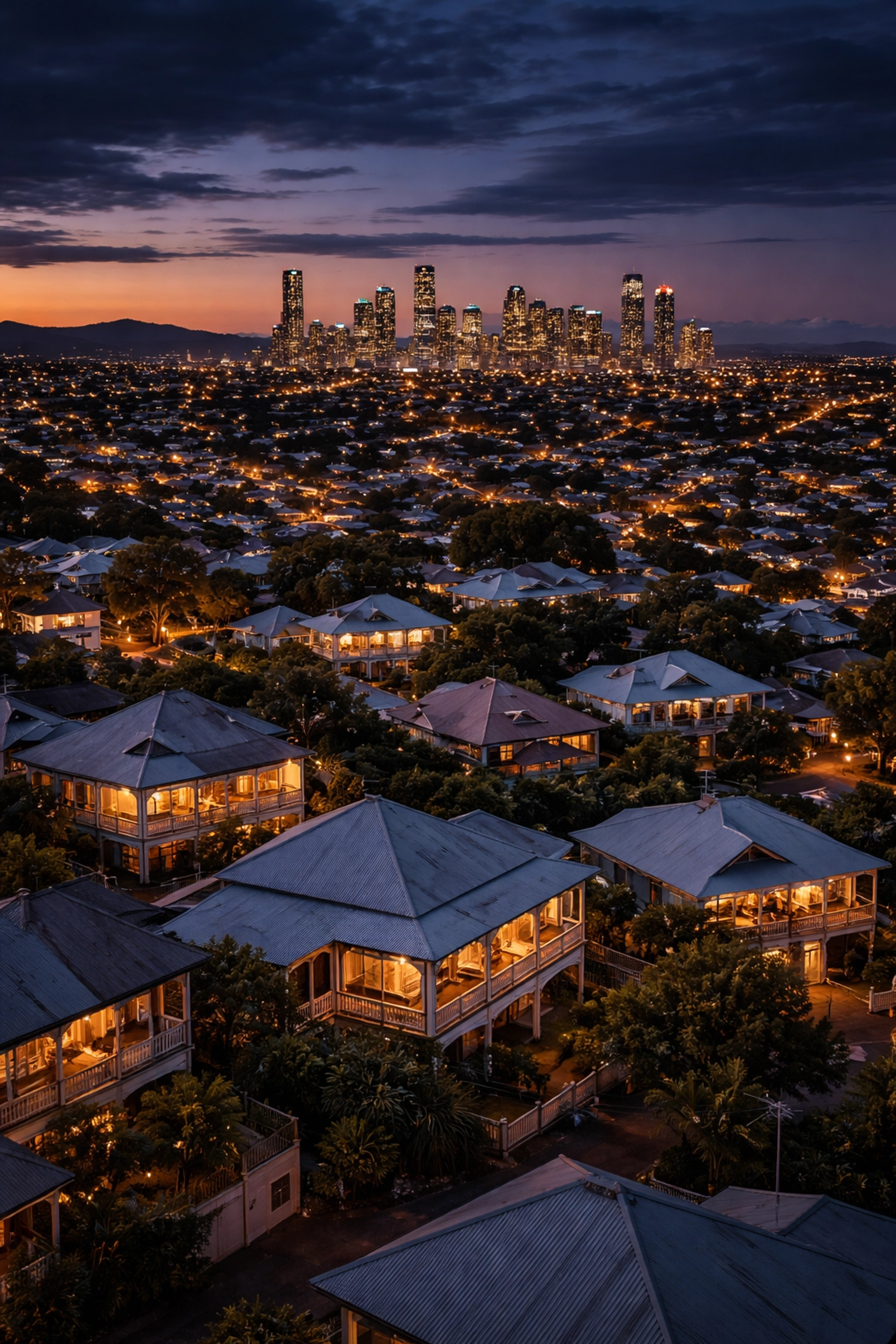 Aerial view of Brisbane suburbs at dusk, highlighting Paddington and North Lakes service areas for electricians.