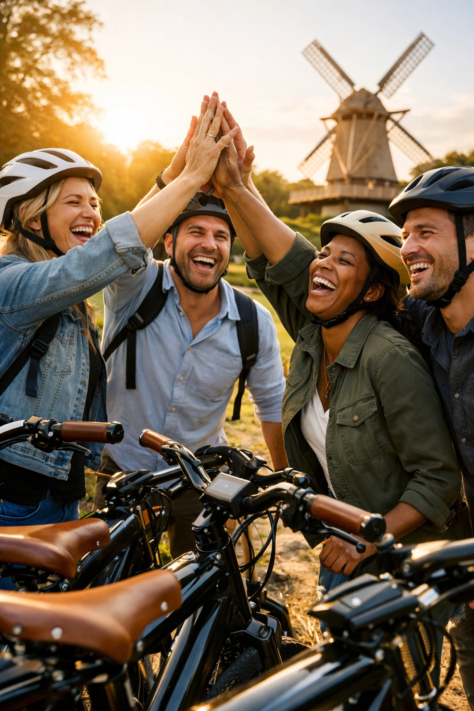 Coworkers celebrating a successful san francisco corporate team building day on e-bikes.