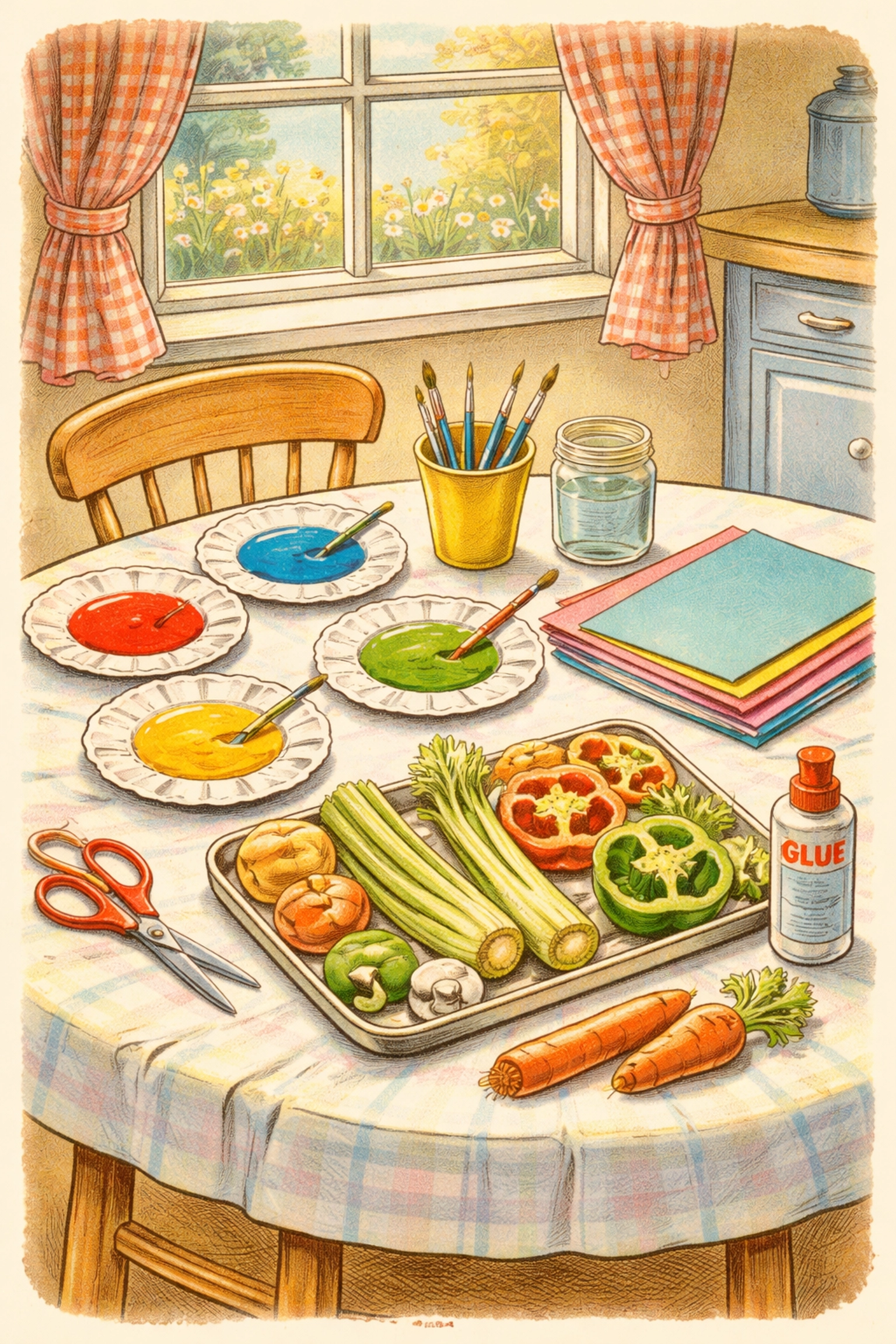 Children's art project with veggie scraps, paints, and paper for DIY stamping under window light