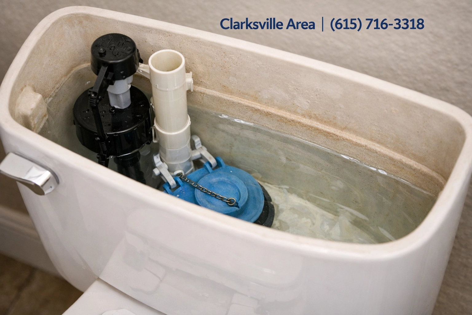 Interior view of a toilet tank in Clarksville showing the rubber flapper and flush valve assembly.