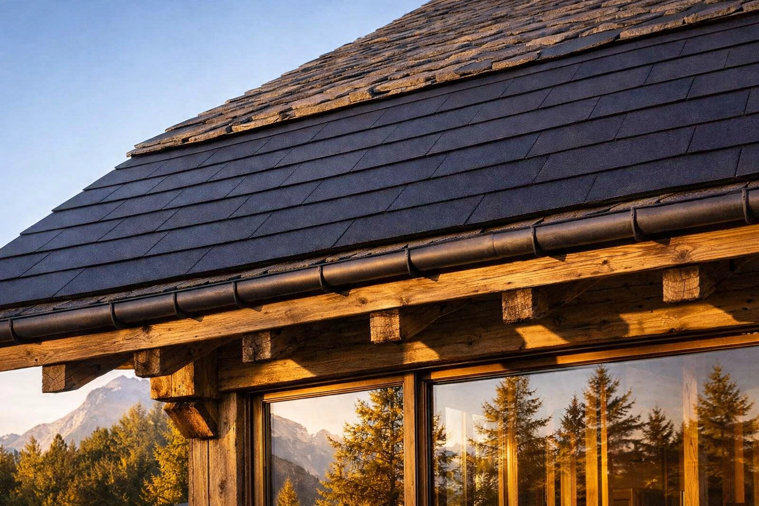 Toiture durable avec tuiles solaires intégrées et triple vitrage d'un chalet haut de gamme à Verbier.