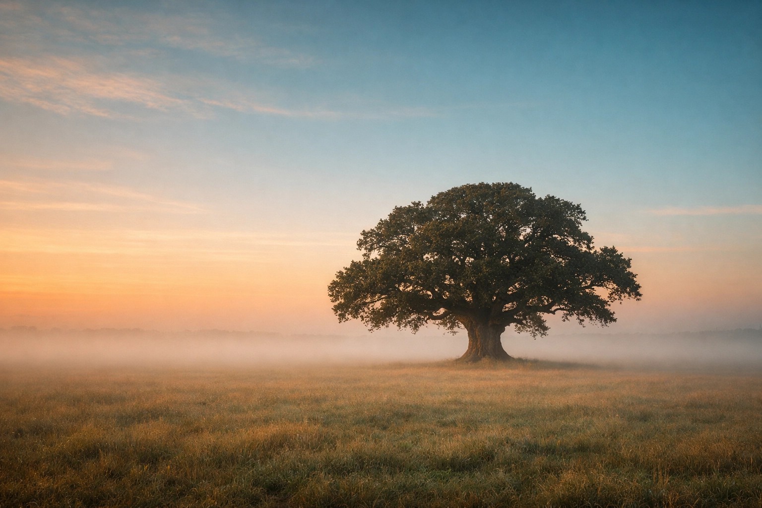 Simple landscape composition featuring a lone tree in a misty field during golden hour.