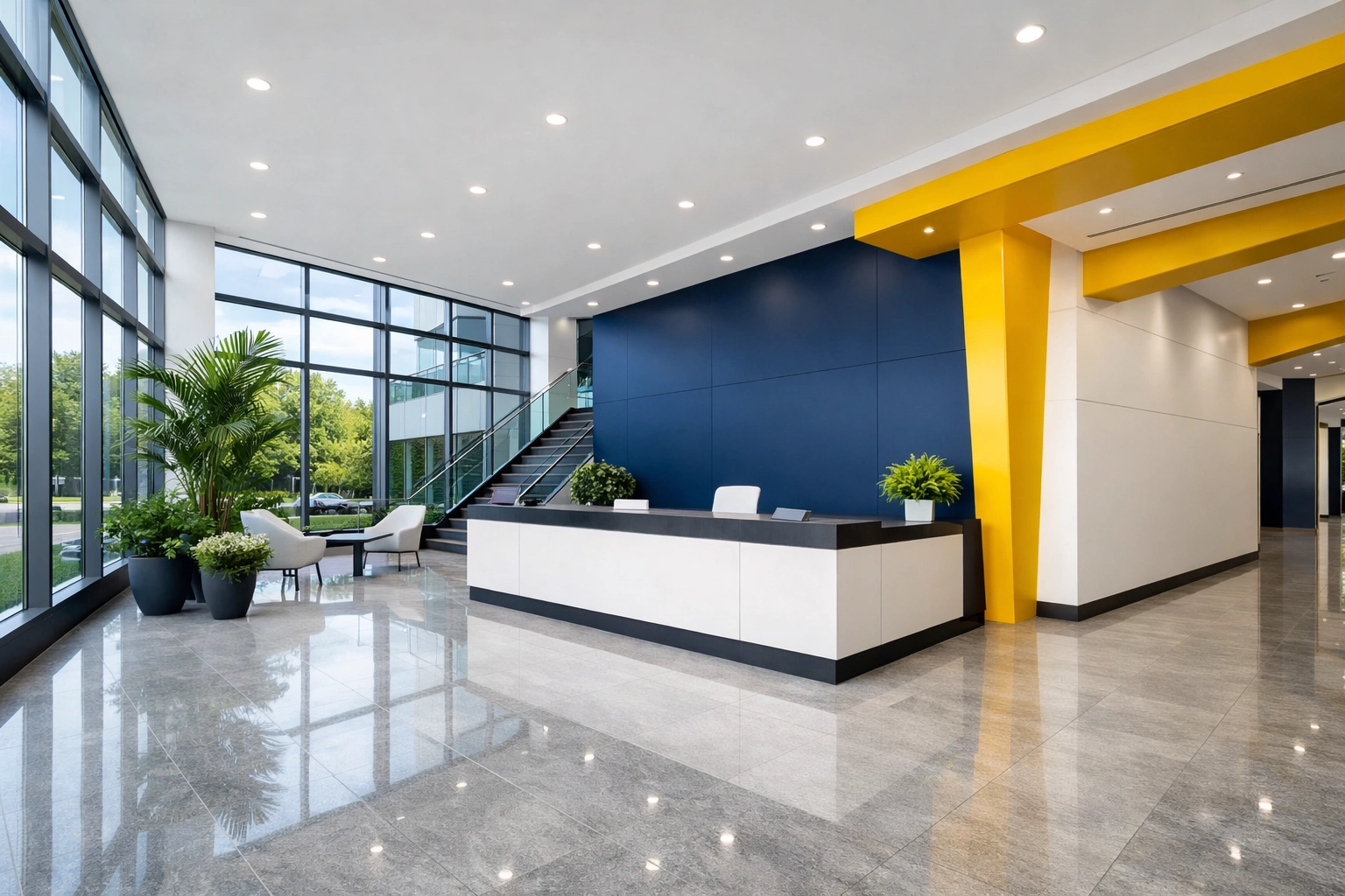 Clean and modern corporate lobby in Sharon, MA, highlighting professional office cleaning services.