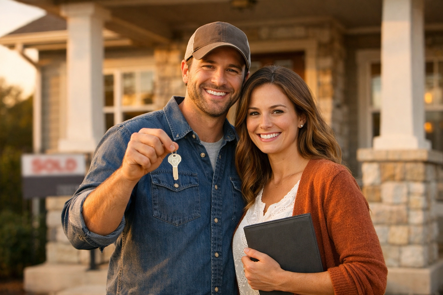 Happy Texas couple in front of their new home after receiving TSAHC down payment assistance.
