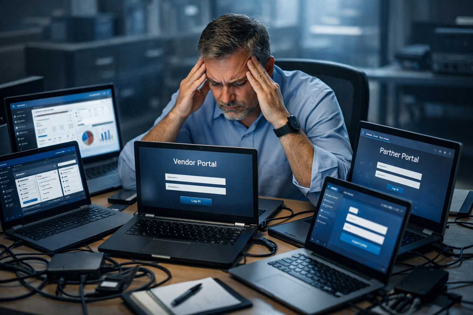 IT manager overwhelmed by multiple vendor portals and dashboards displaying vendor sprawl complexity