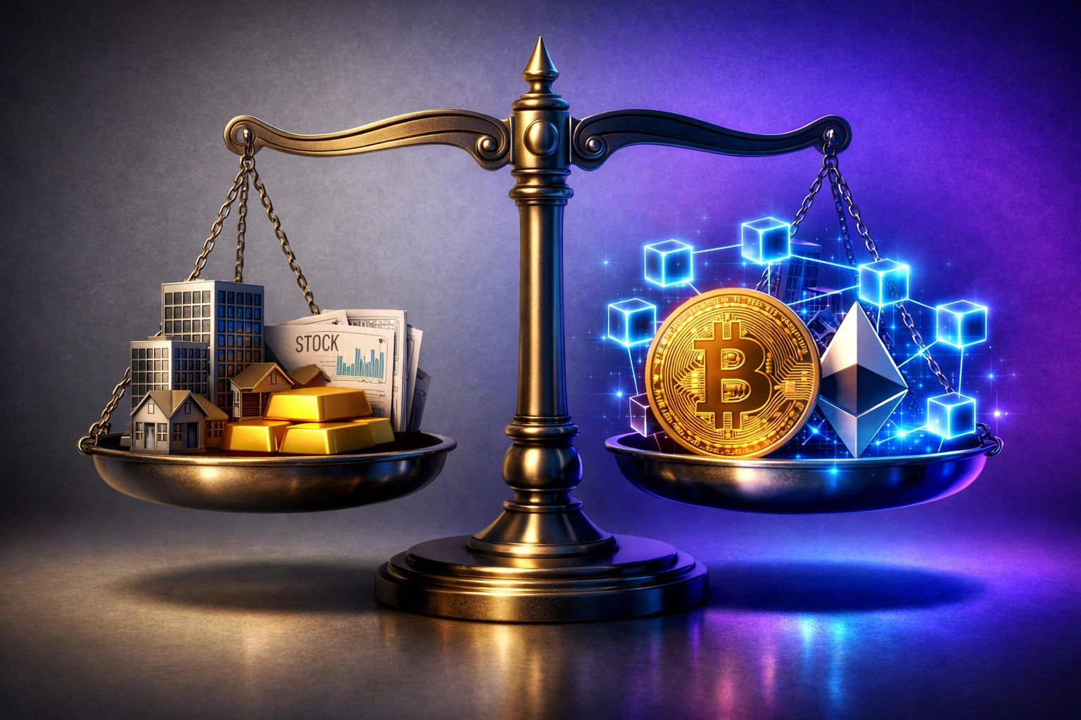 Balanced scale comparing traditional investments like real estate and gold with digital assets like Bitcoin
