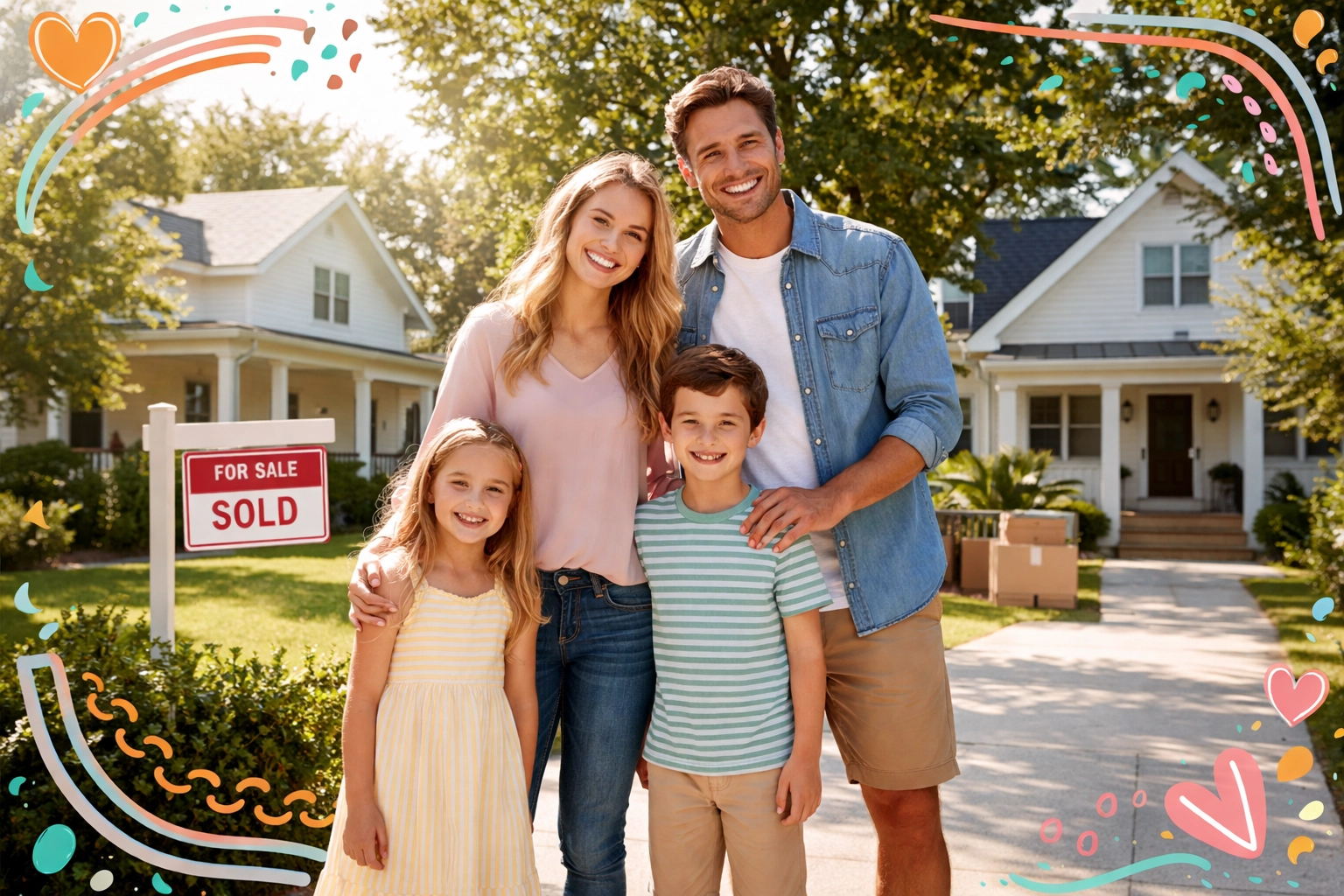 Family celebrating a successful move between homes in Cobb County with sold sign