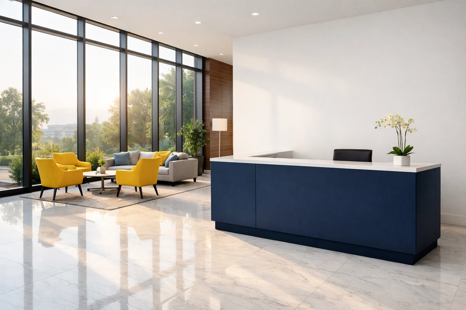 Clean and organized modern office lobby in Canton, MA, showcasing professional commercial cleaning.