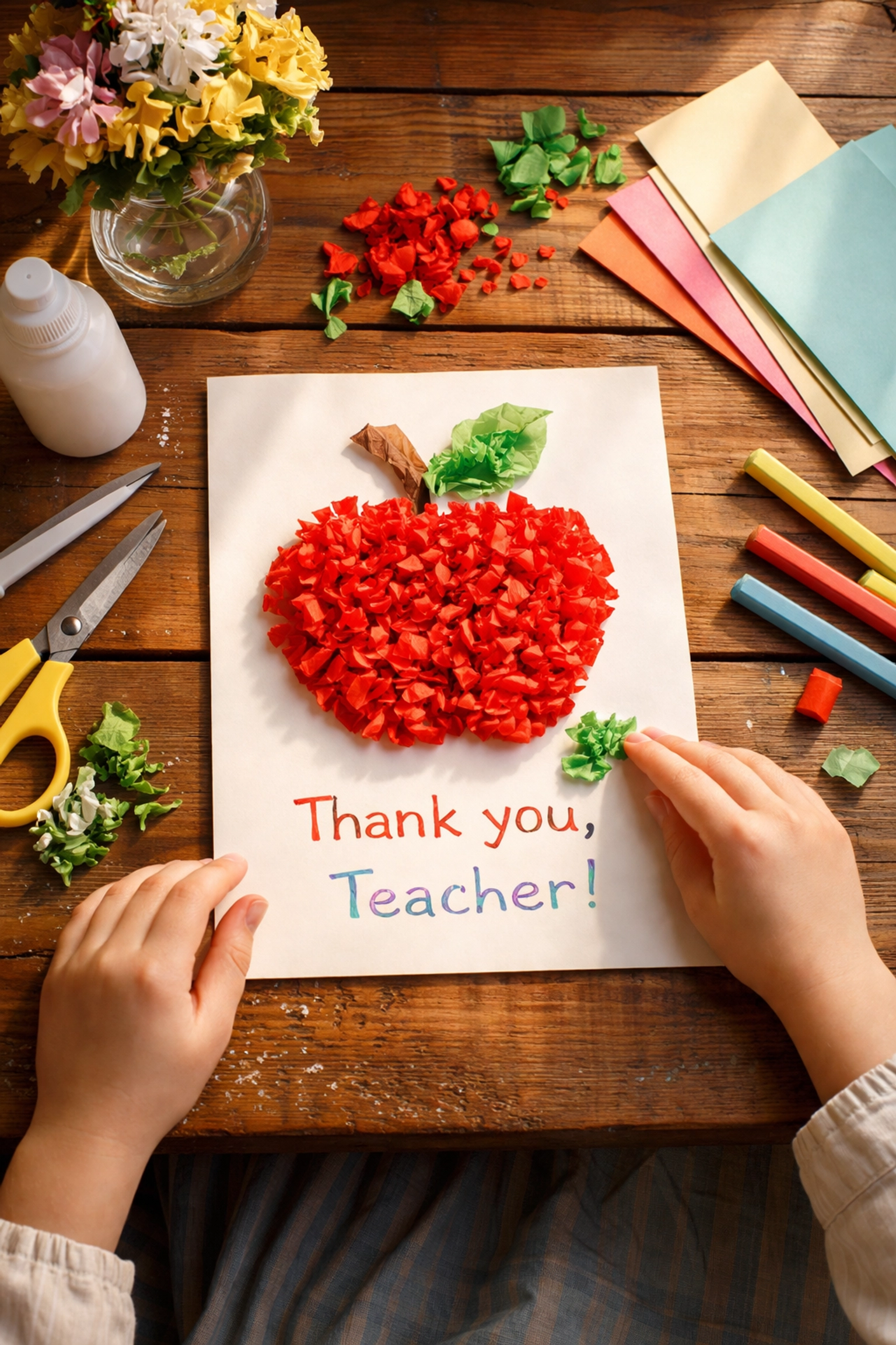 Child crafting a handmade teacher appreciation card with tissue paper apples and craft supplies on a vintage-style wooden table