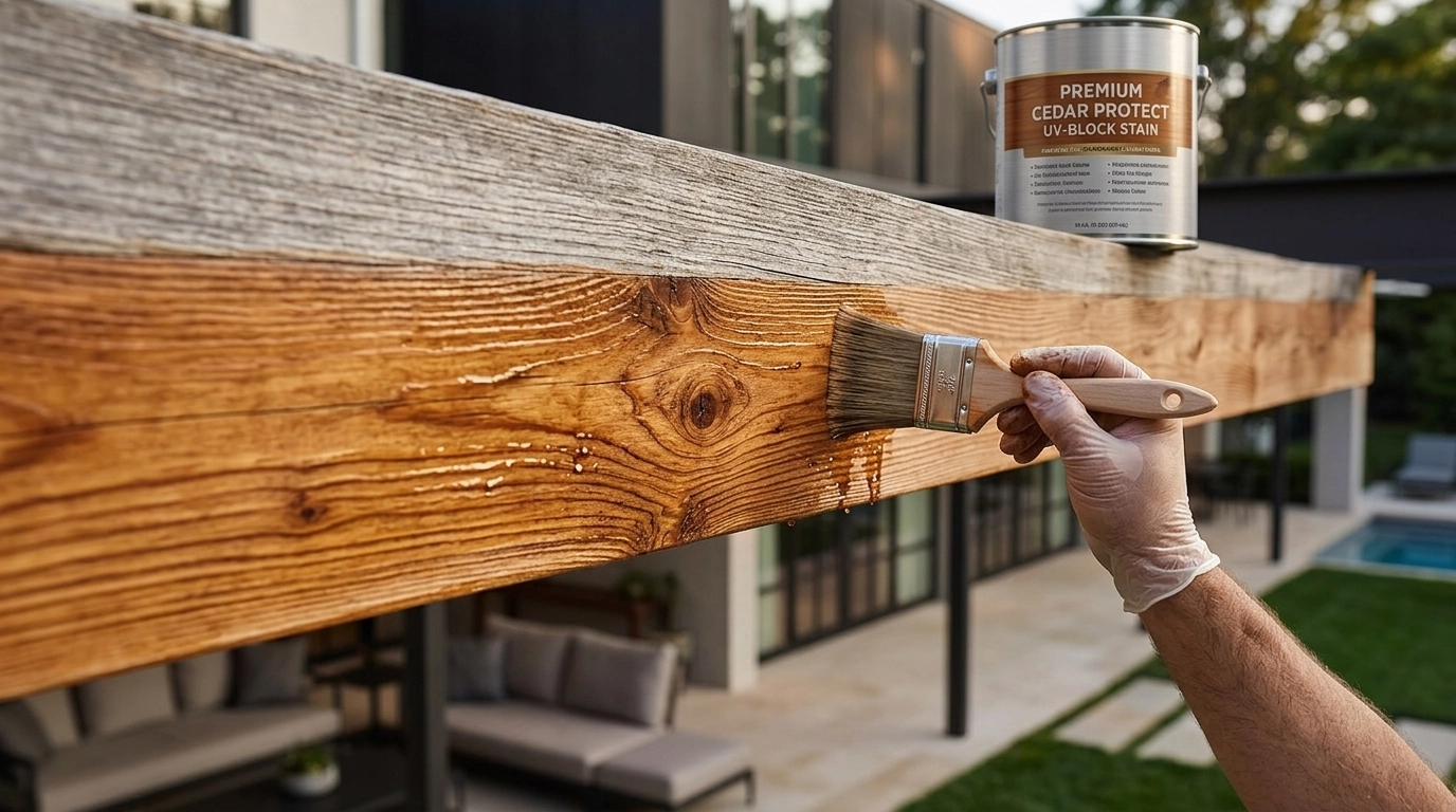 Professional application of a high-end UV-blocking stain onto a custom cedar pergola, restoring the wood's natural depth and warmth.