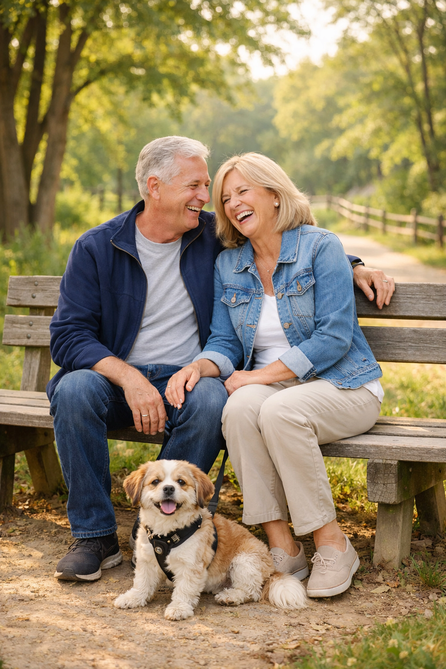 Active couple with a dog enjoying the outdoors near retirement communities in Bucks County PA.