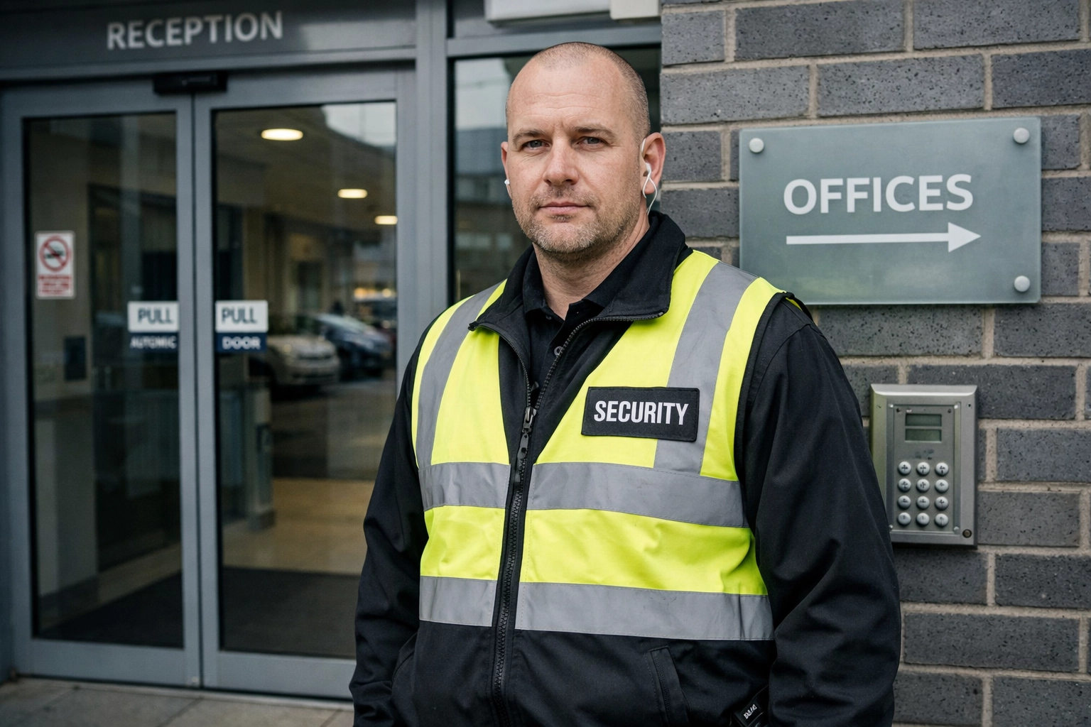 Professional UK security guard in standard uniform outside a commercial building entrance