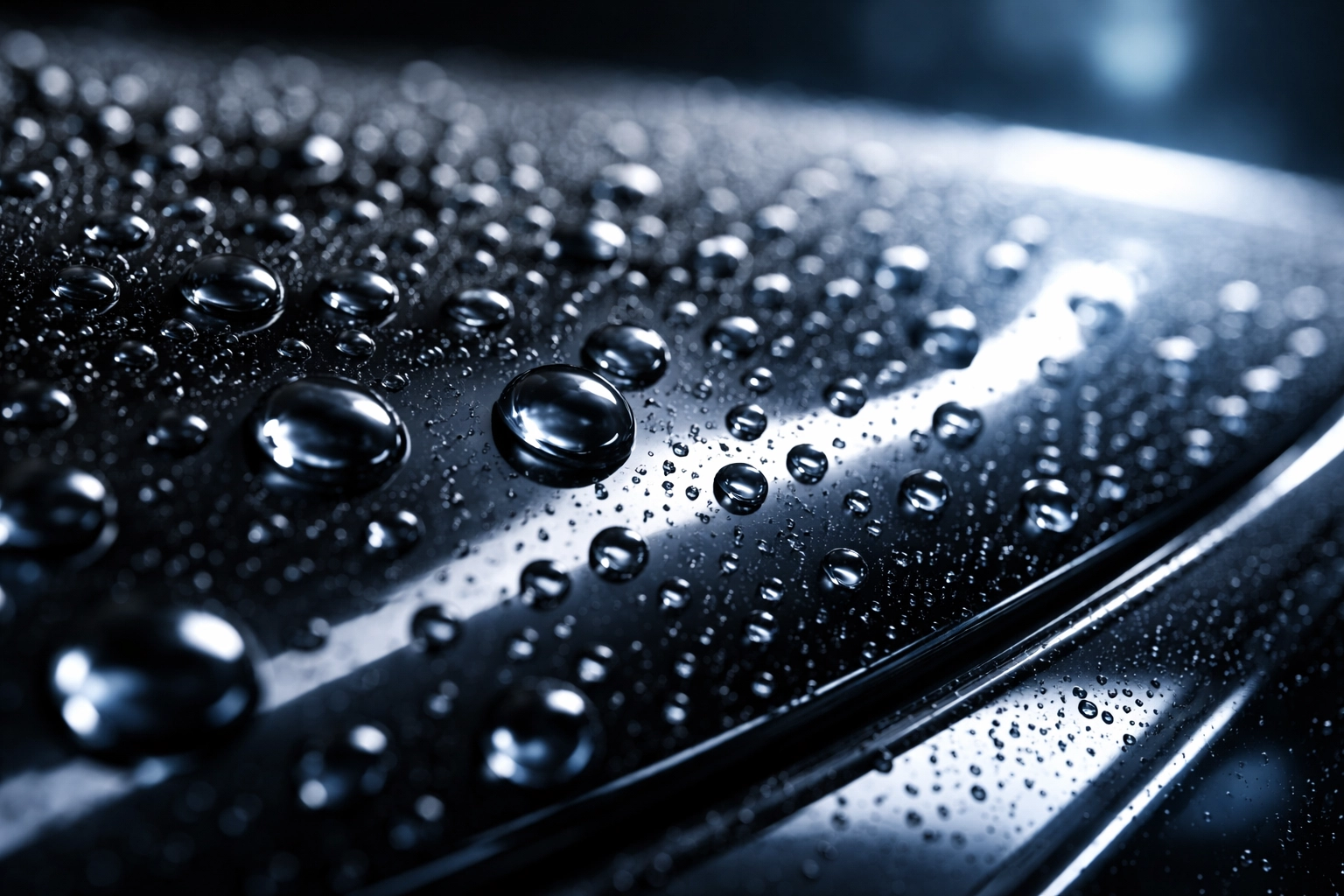 Close-up of water beading on black car hood, demonstrating hydrophobic nano ceramic coating paint protection.