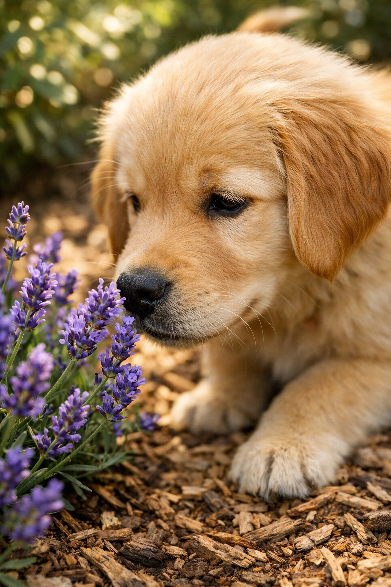 Golden Retriever puppy sniffing lavender in the sensory garden at Green Acres K-9 Resort for mental enrichment.