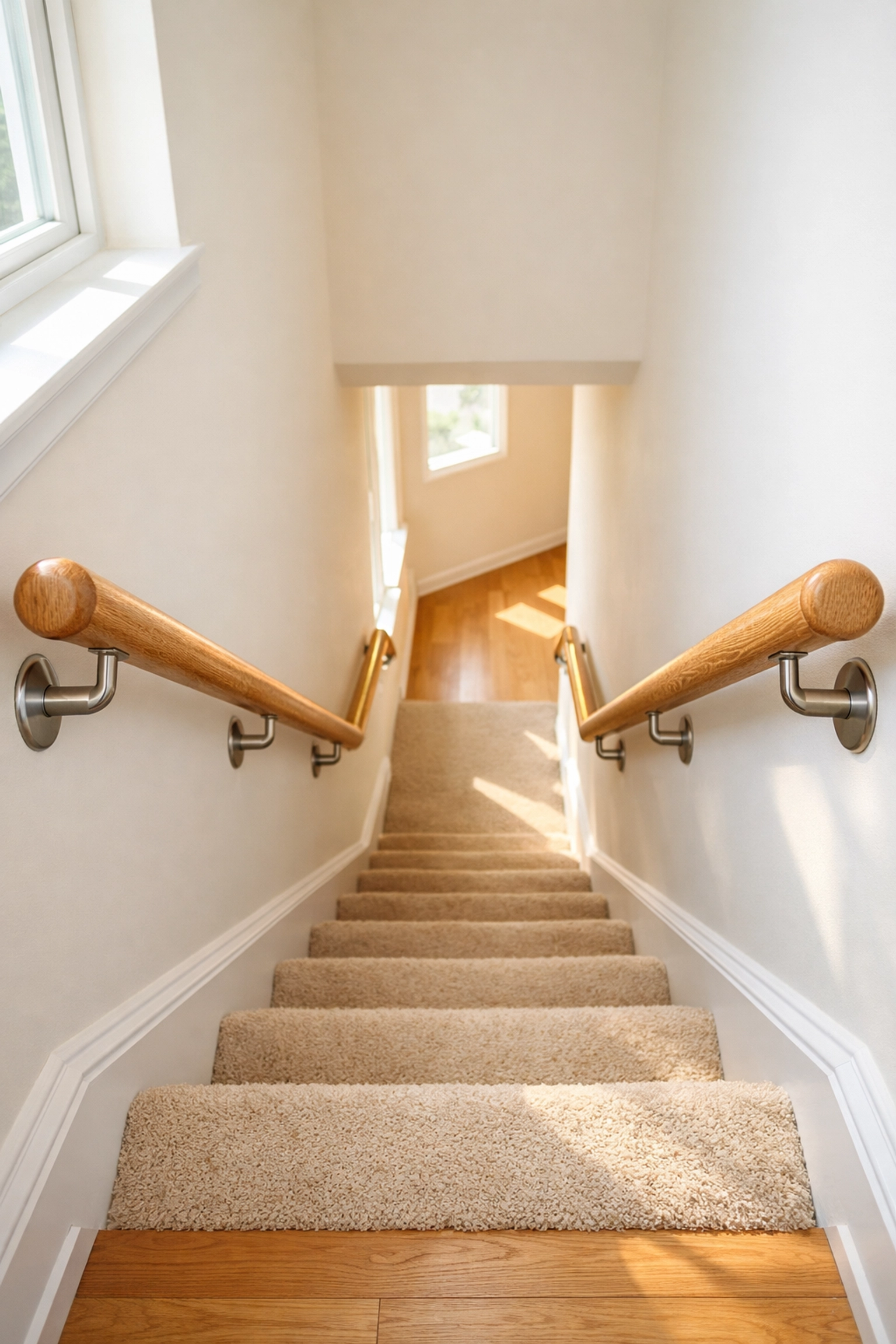 Wooden staircase with dual rounded oak handrails on both walls for extra balance and support.