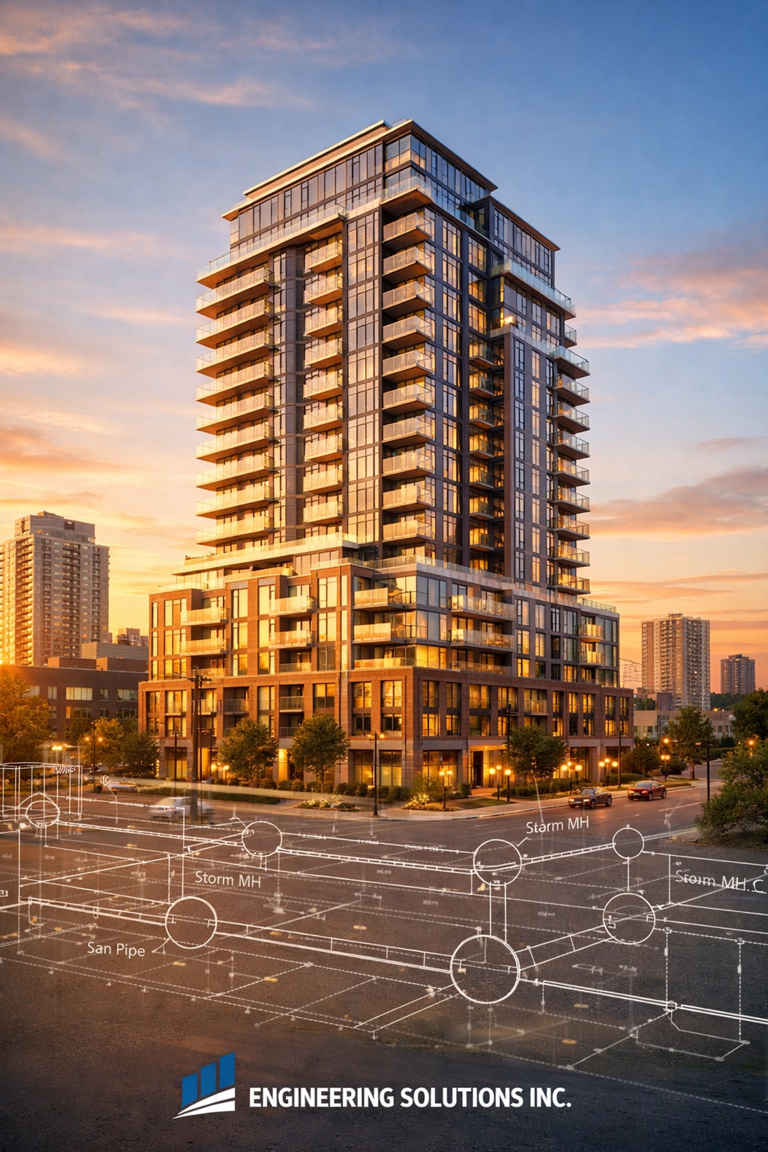 Modern residential development in Ontario featuring professional engineering schematics for permit-ready site servicing.