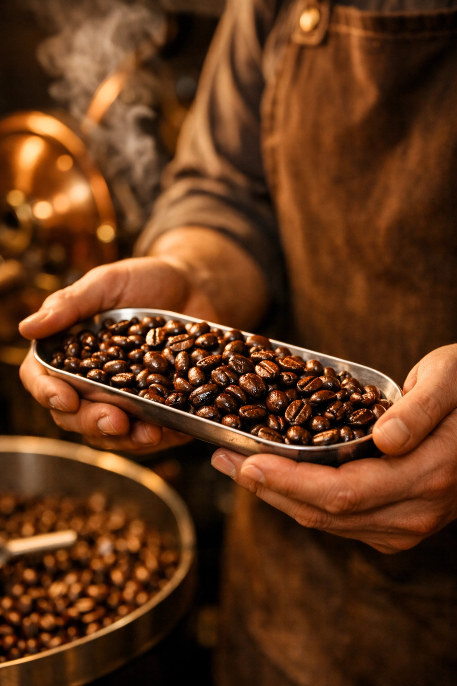 Freshly roasted specialty coffee beans being inspected by a barista at a UK coffee roaster.