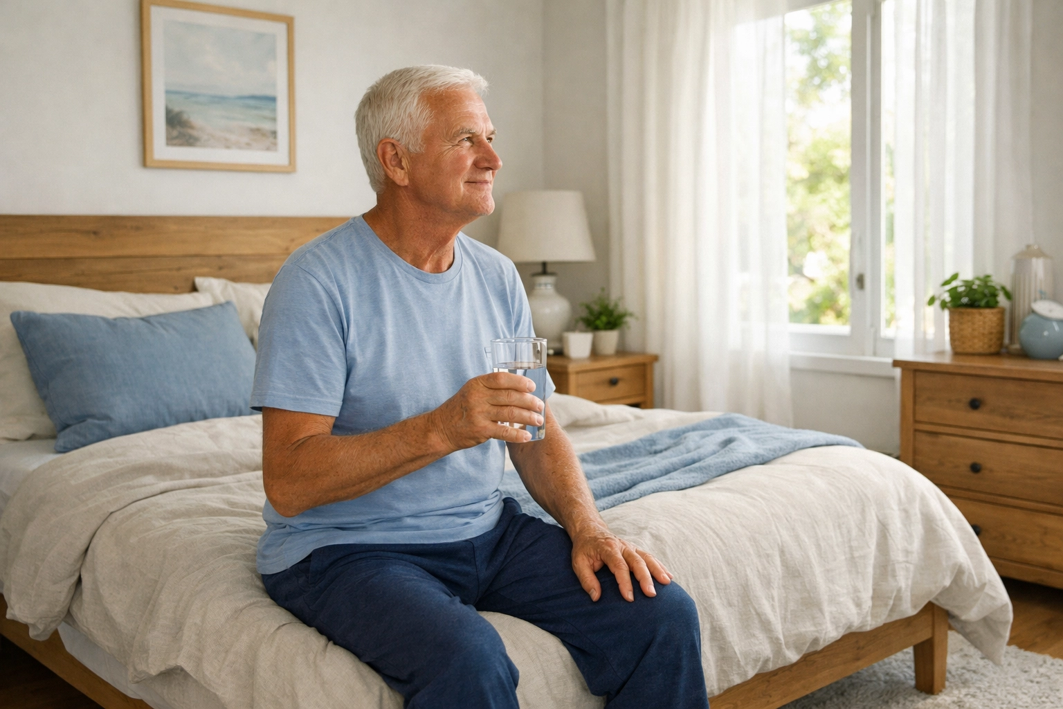 Healthy senior adult starting the day with water to maintain muscle hydration and safety.