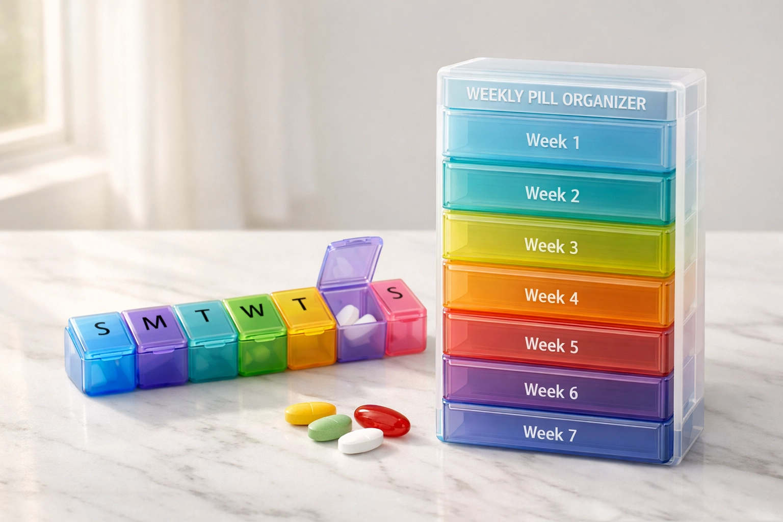 Daily and weekly medication organizers showing different dosing schedules for weight loss medications