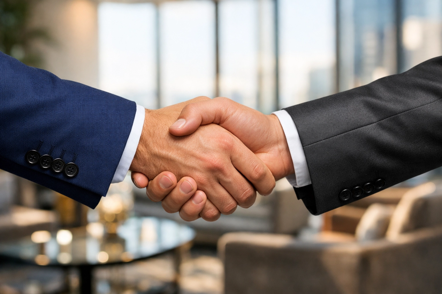 A professional handshake in a luxury lounge representing trusted expertise in watch sourcing.