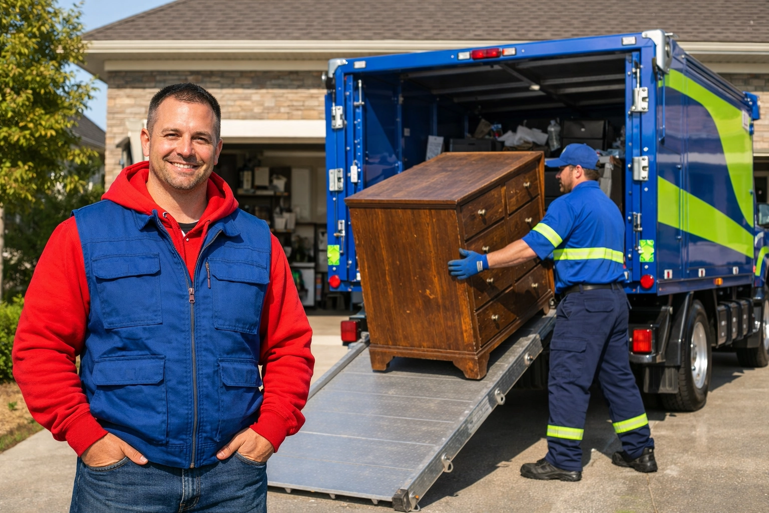 Professional crew loading an old wooden dresser for furniture removal and junk hauling in Innisfil.