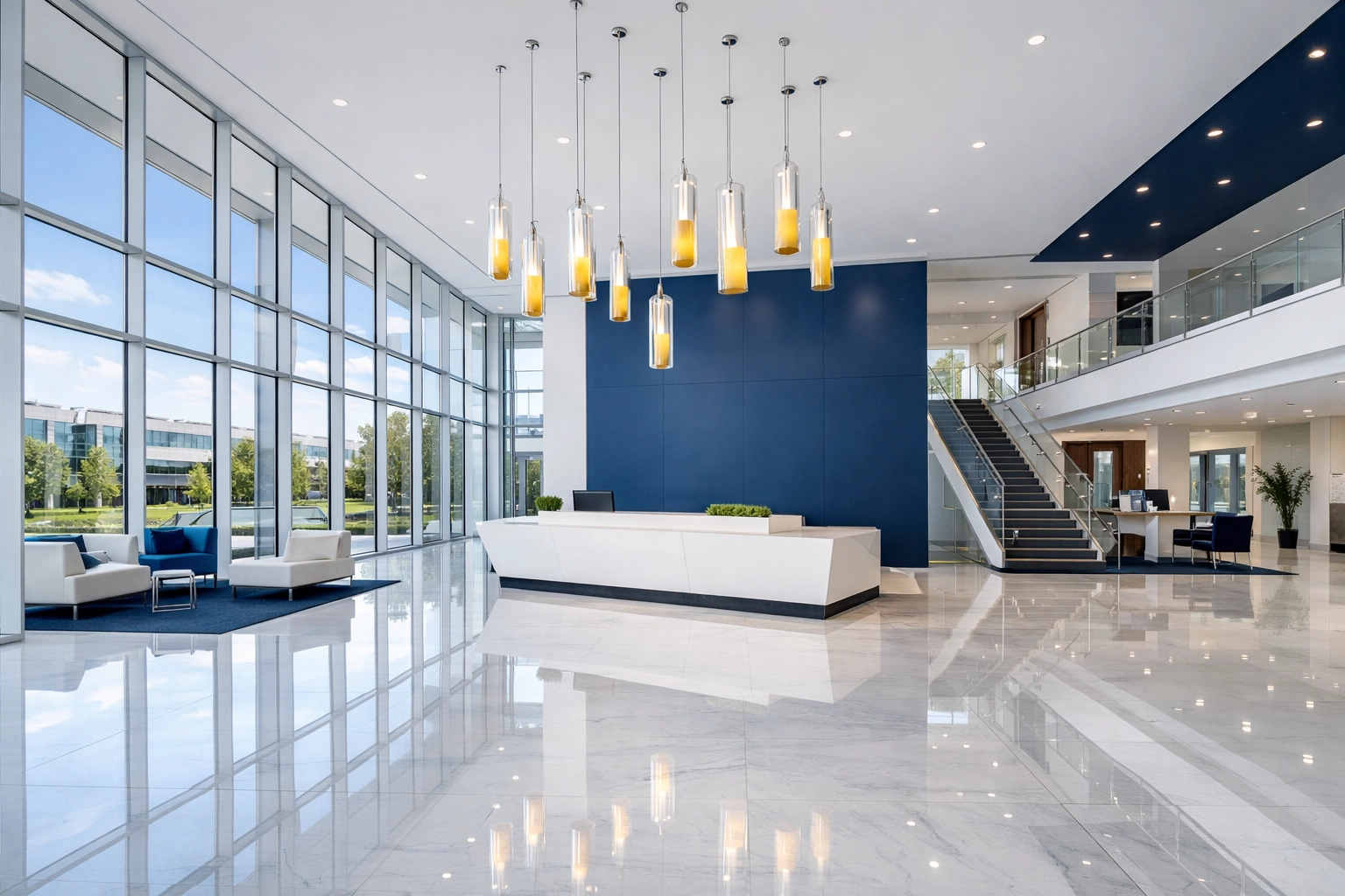 Spotless corporate lobby in a Marlborough office park reflecting high-end commercial cleaning standards.
