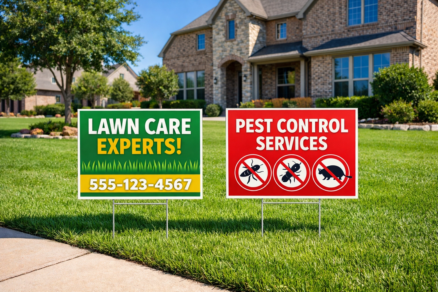 Durable custom yard signs displayed on a lawn for local neighborhood advertising.