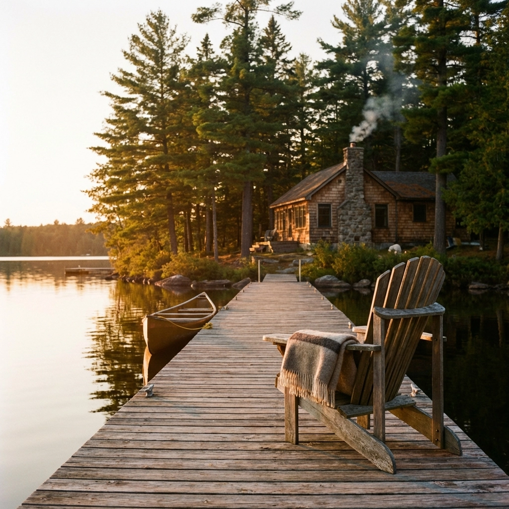 Rustic dock and Adirondack chair on a serene Muskoka lake at sunset, highlighting ideal cottage ownership.