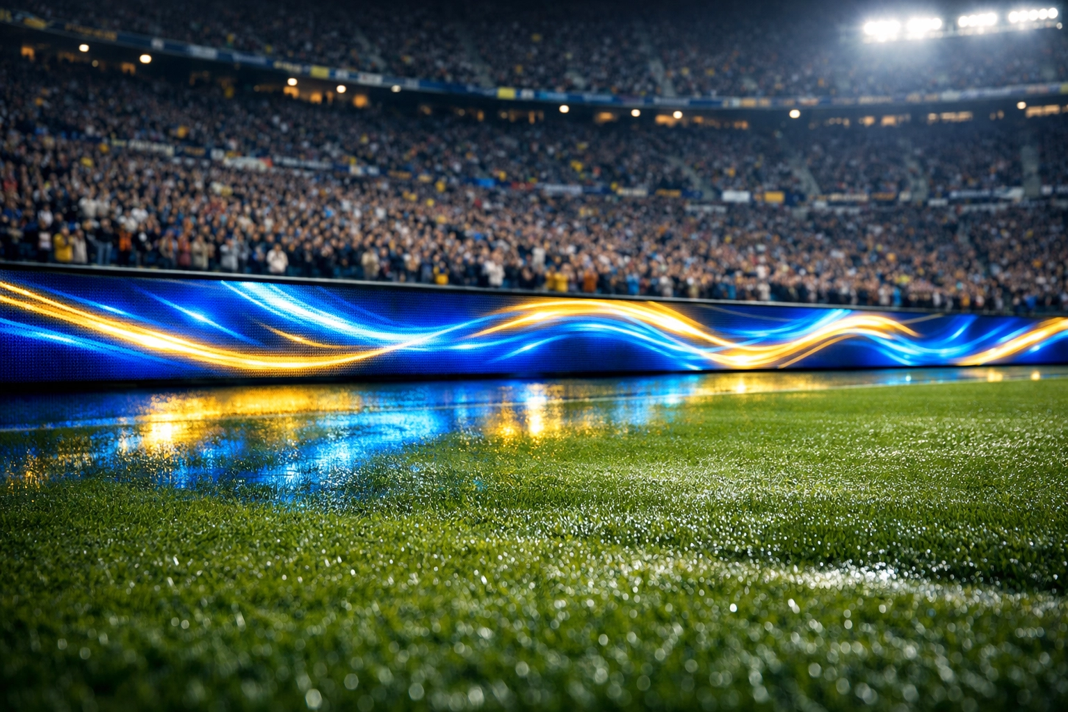 Dynamic LED perimeter boards at a soccer match showing digital sports advertising for better fan engagement.