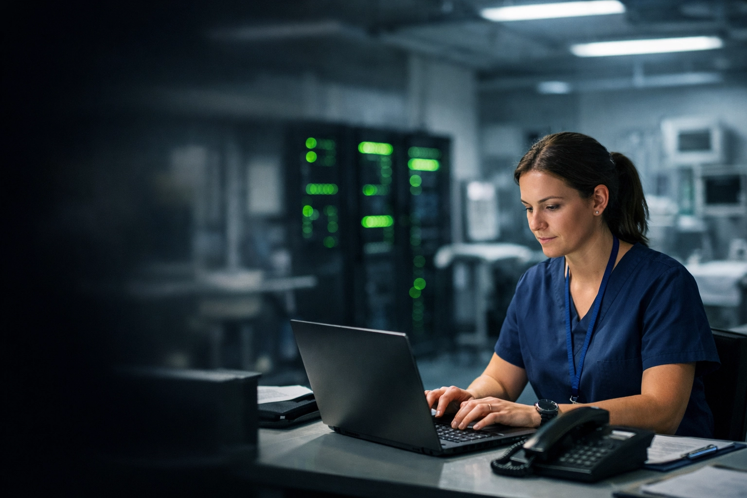Omaha clinic staff working on a secure laptop with proactive managed IT and cybersecurity protection.