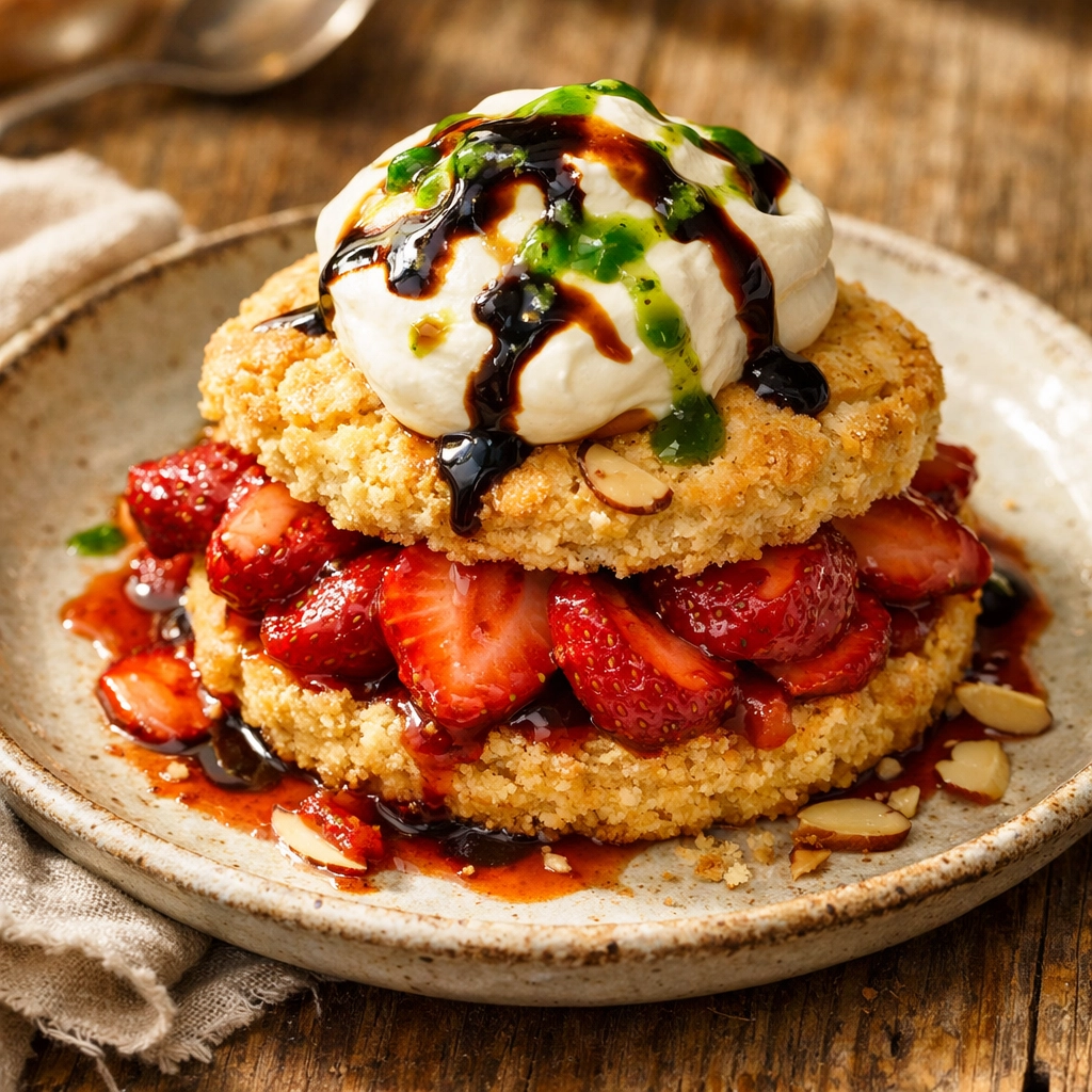 Anita & Joe's signature strawberry shortcake with almond shortbread and balsamic glaze on a rustic plate.