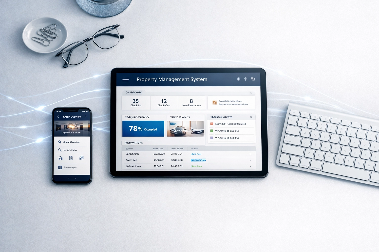 Integrated hotel PMS system connecting tablet and devices for seamless operations