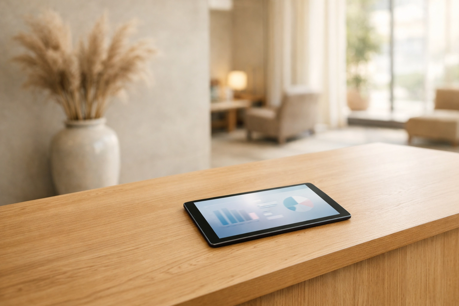 Minimalist hotel reception desk with a digital tablet showing AI-driven hospitality data visualizations.