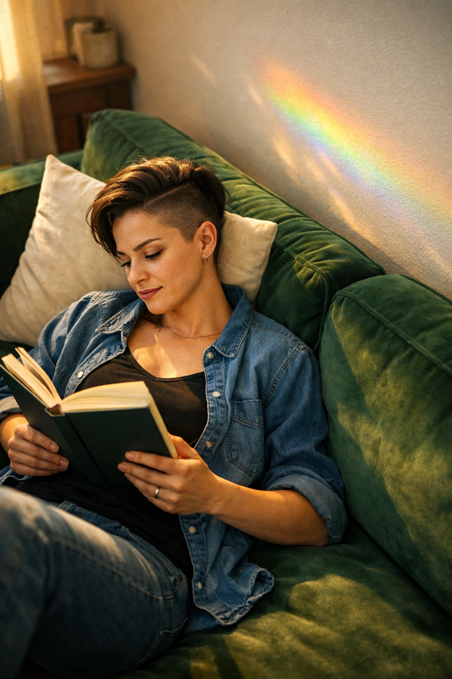Young lesbian woman reading a queer fiction novel in a sunlit room with rainbow light reflections.