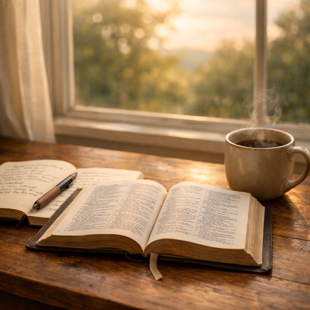 Open Bible with journal and coffee representing faith-based devotional time and spiritual grounding