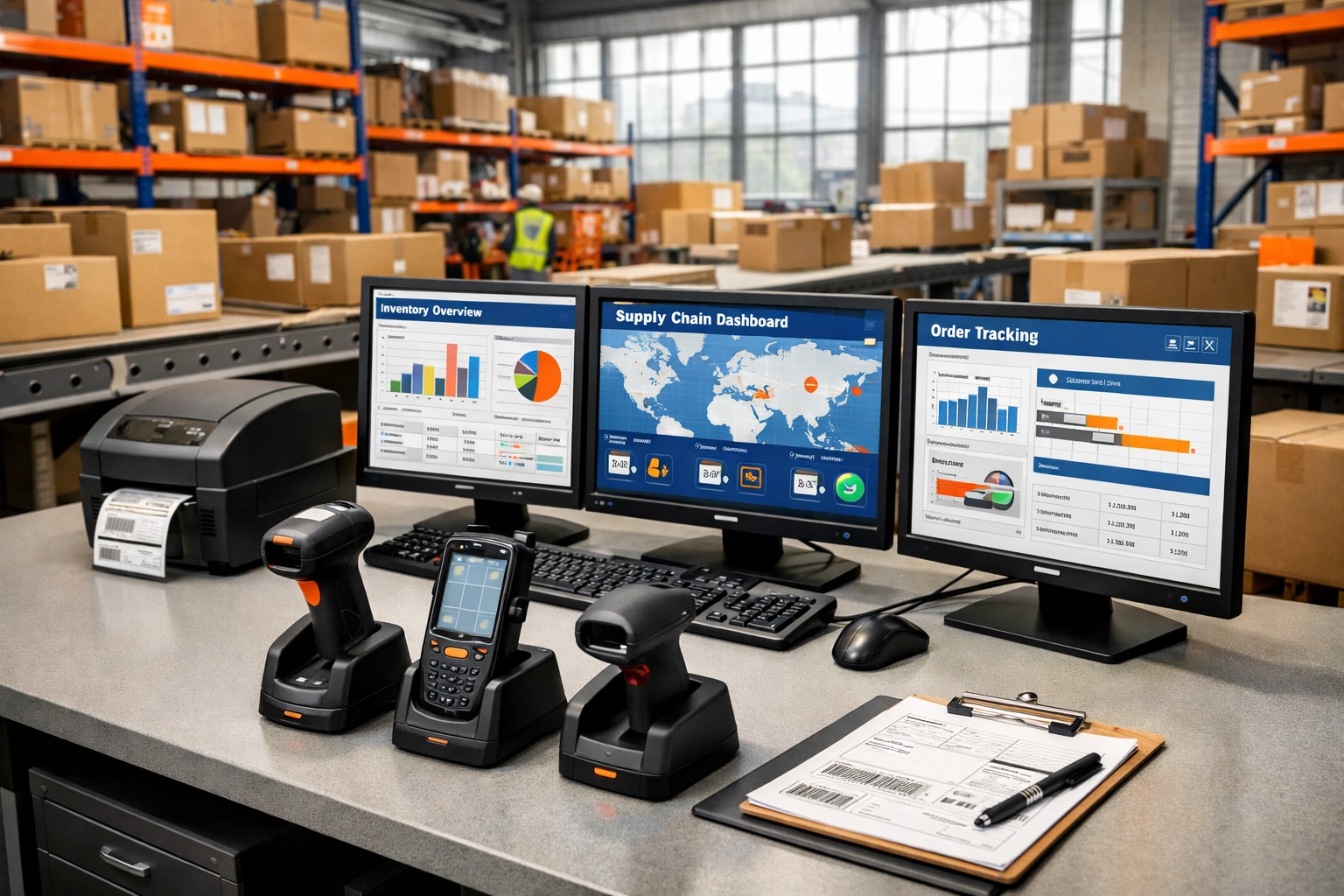 Logistics training pod with warehouse equipment and inventory management workstations