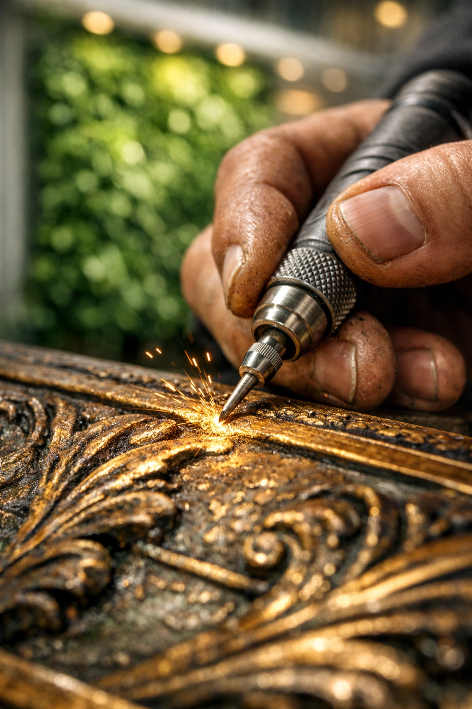 Expert technician restoring a bronze panel, demonstrating a sustainable alternative to metal replacement.