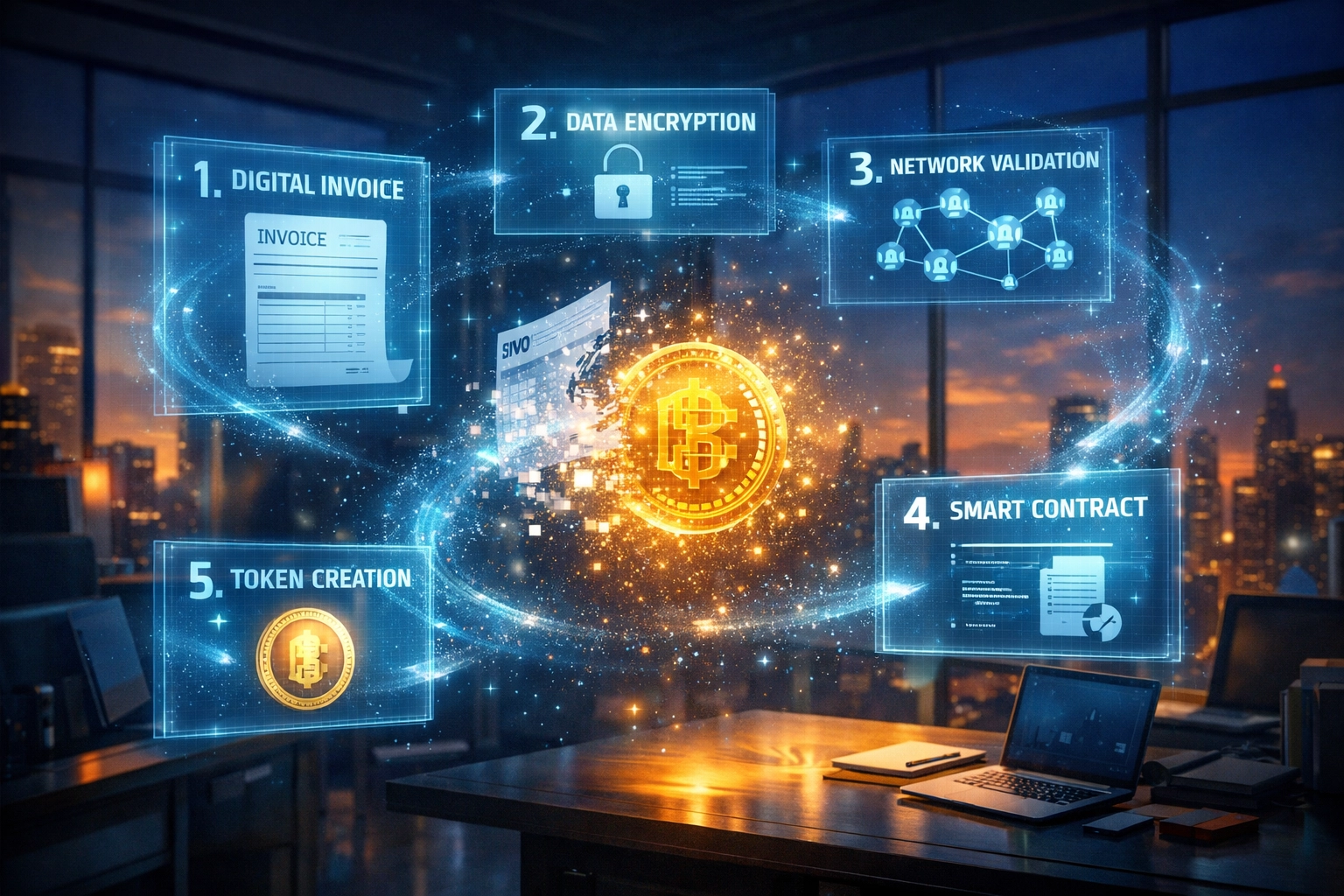 Digital invoice converting to blockchain token through five-step tokenization process