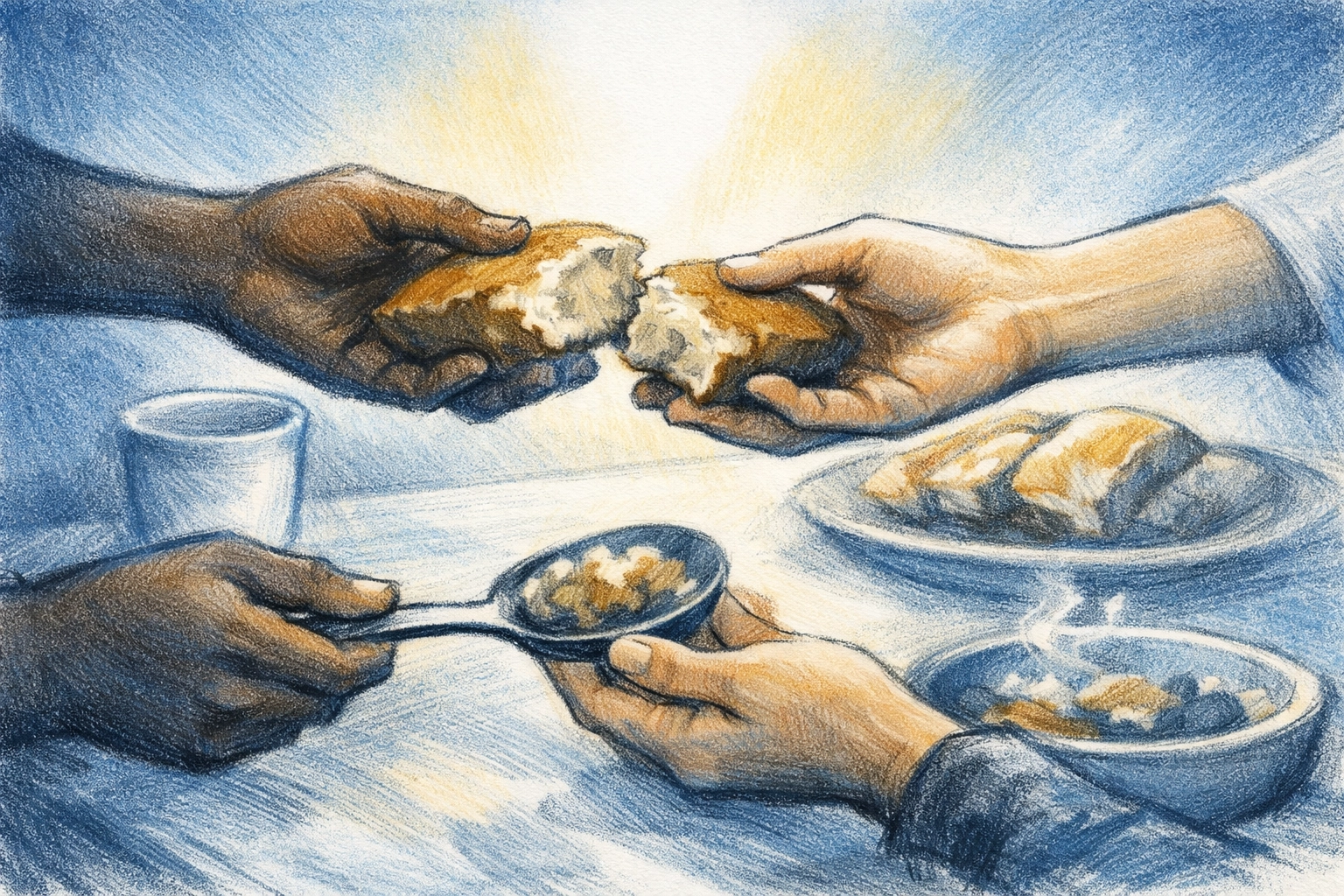 Hands passing food across a table, symbolizing fellowship and breaking bread together