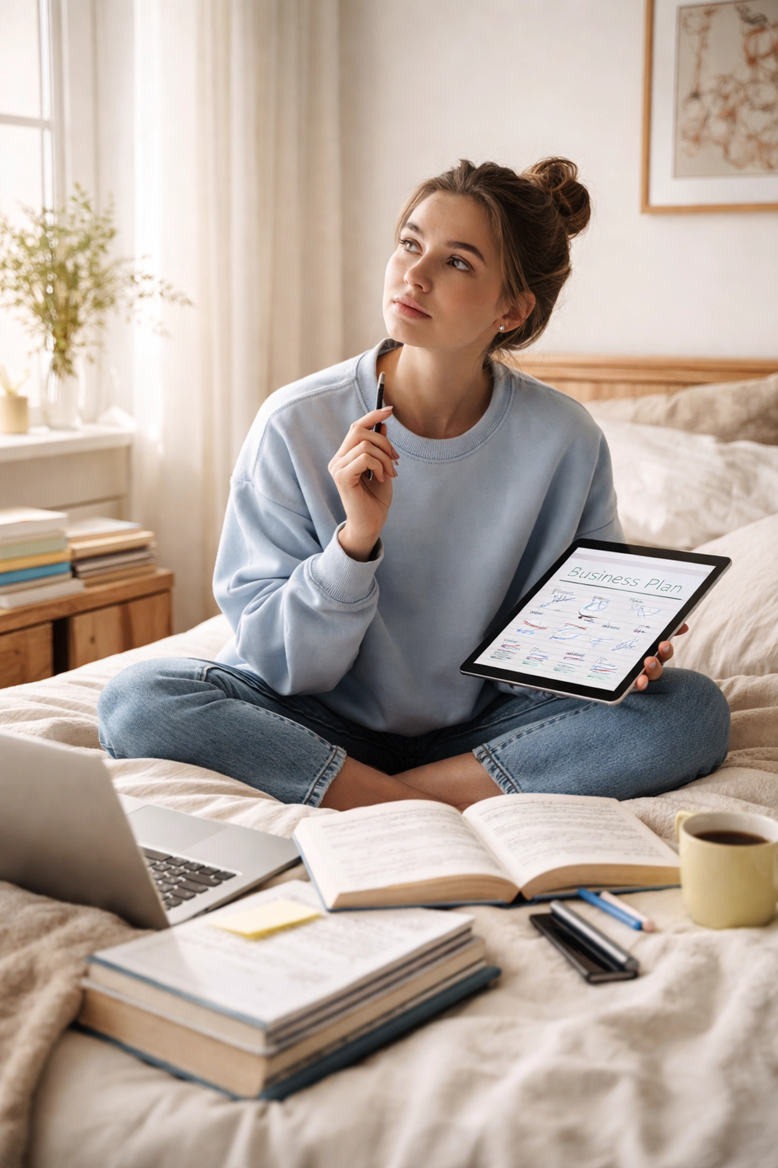 Student balancing business planning and studying on bed for a student startup guide UK