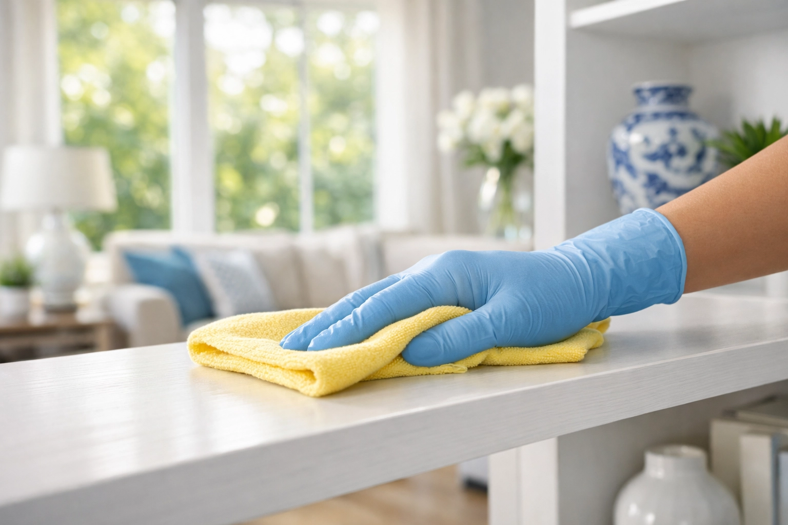 Professional cleaner dusting a wooden shelf during a weekly house cleaning Maynard service for a healthy home.