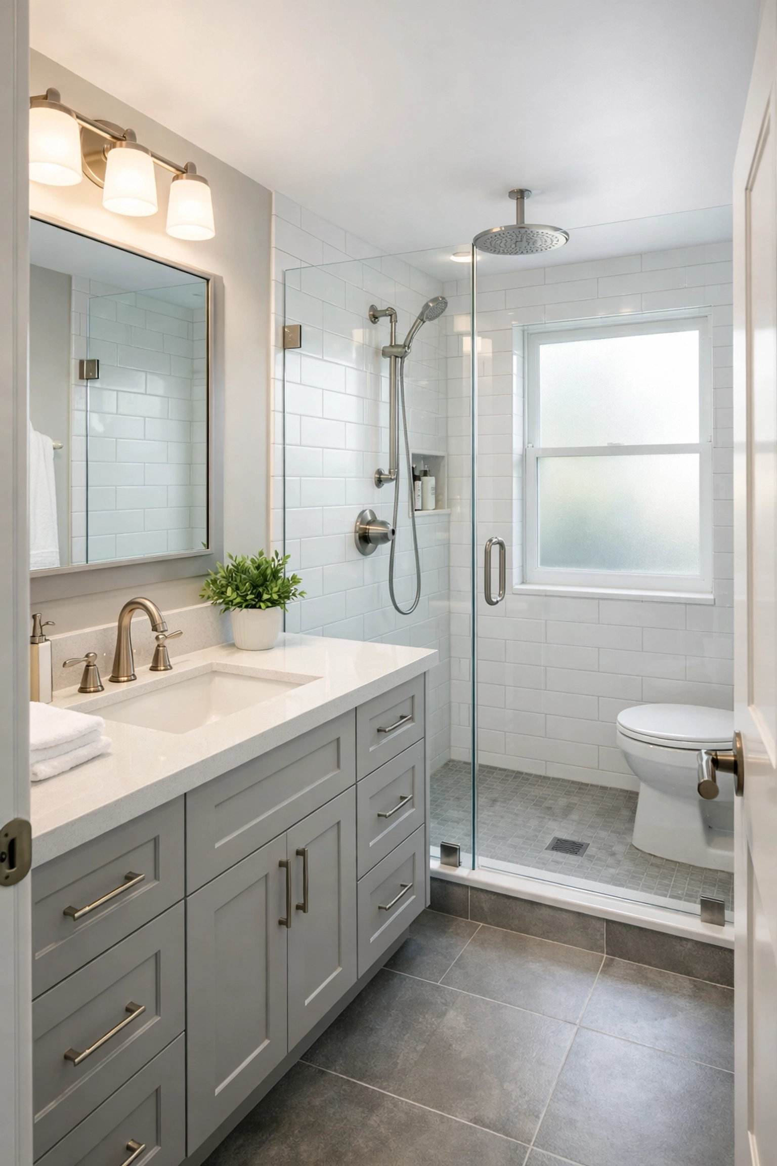 Modern mid-range bathroom remodel Orlando with walk-in shower and quartz vanity
