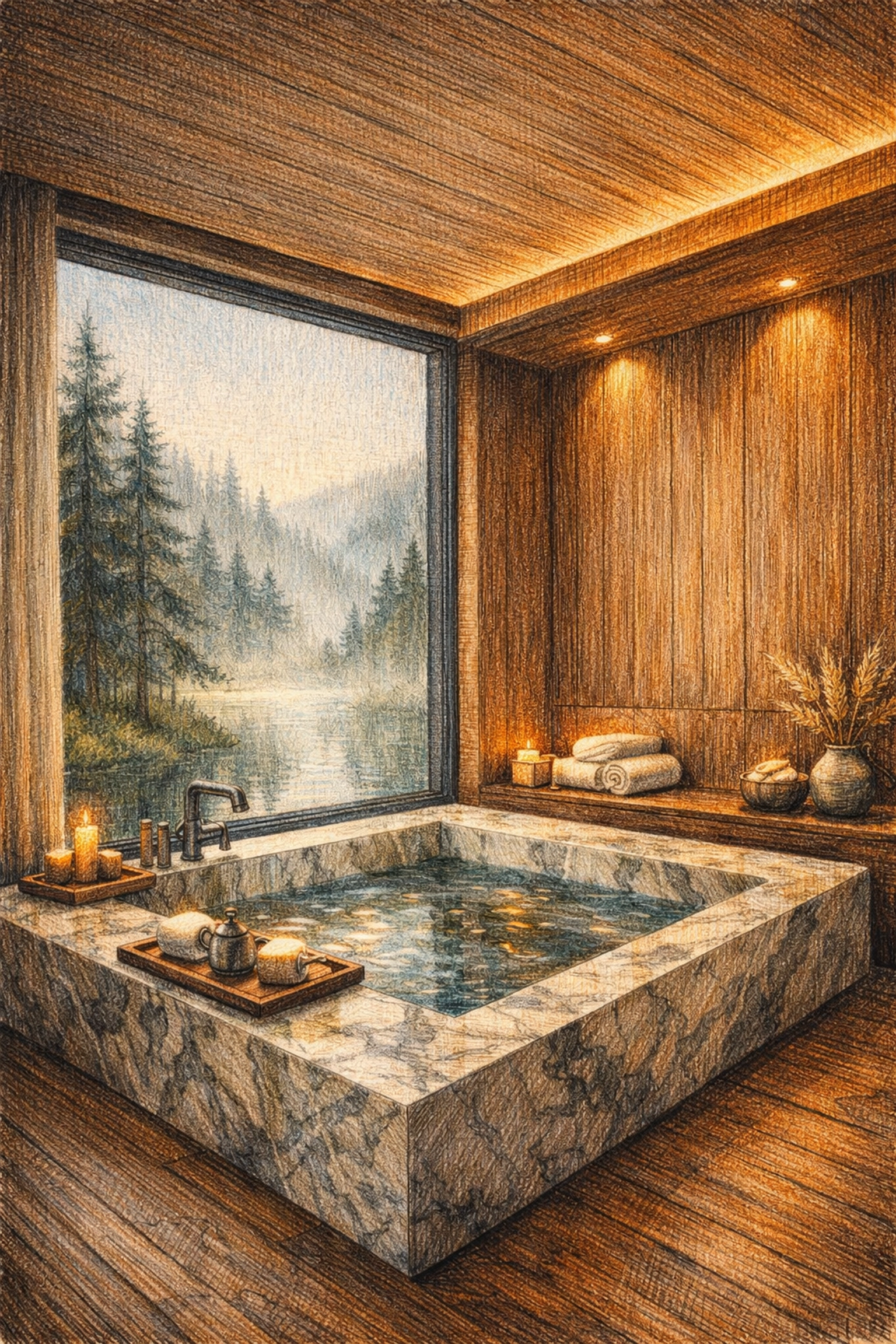 Minimalist luxury hospitality design featuring a marble soaking tub with a tranquil forest view.