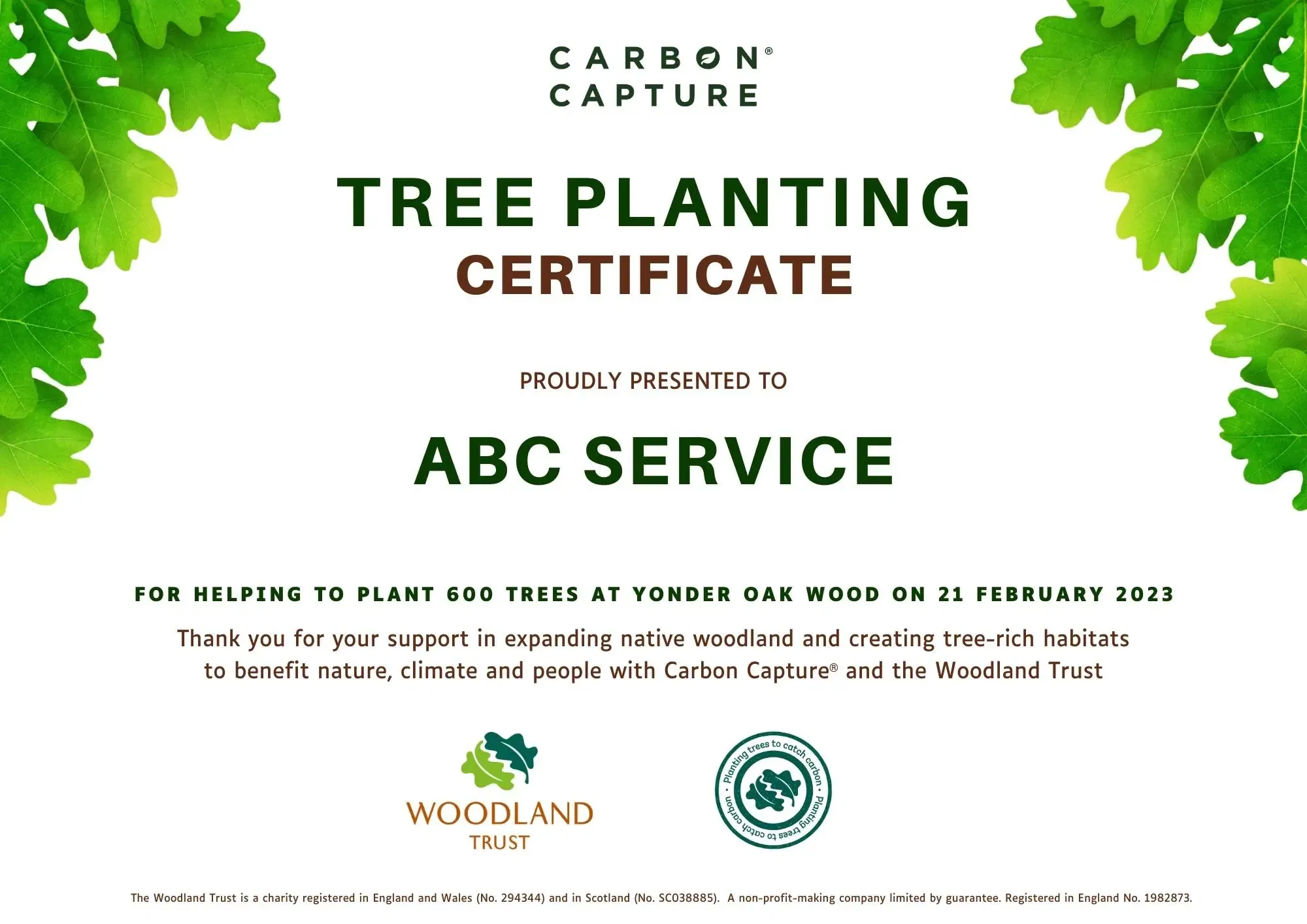 Tree planting certificate awarded to abc service