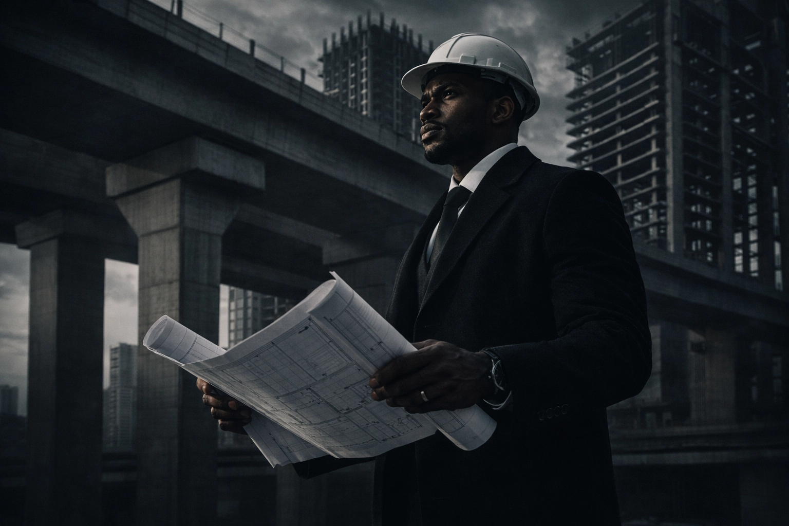 Black professional architect reviewing blueprints at construction site building generational legacy
