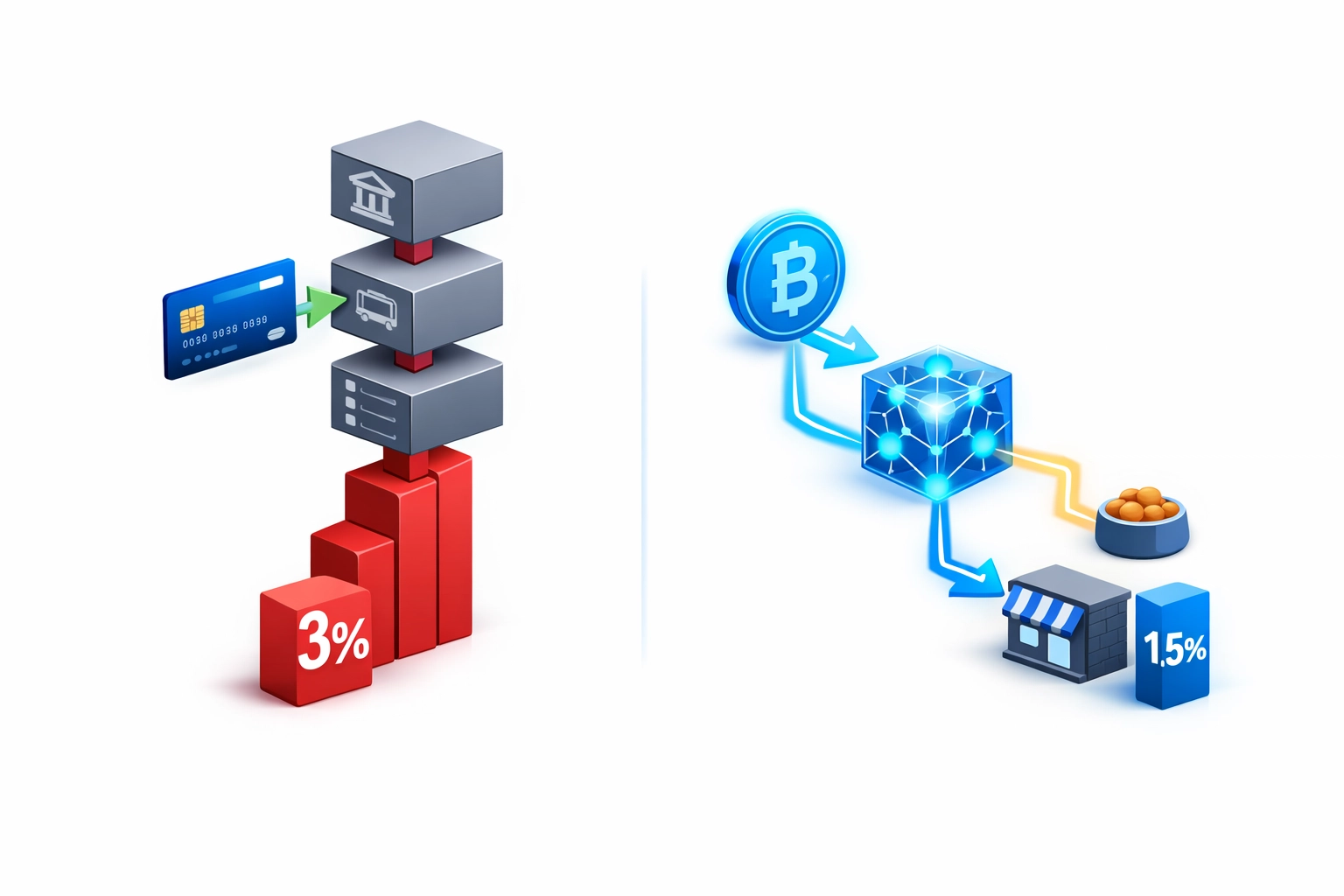 Traditional 3% payment processing vs Larecoin 1.5% crypto payment with automatic hunger relief allocation