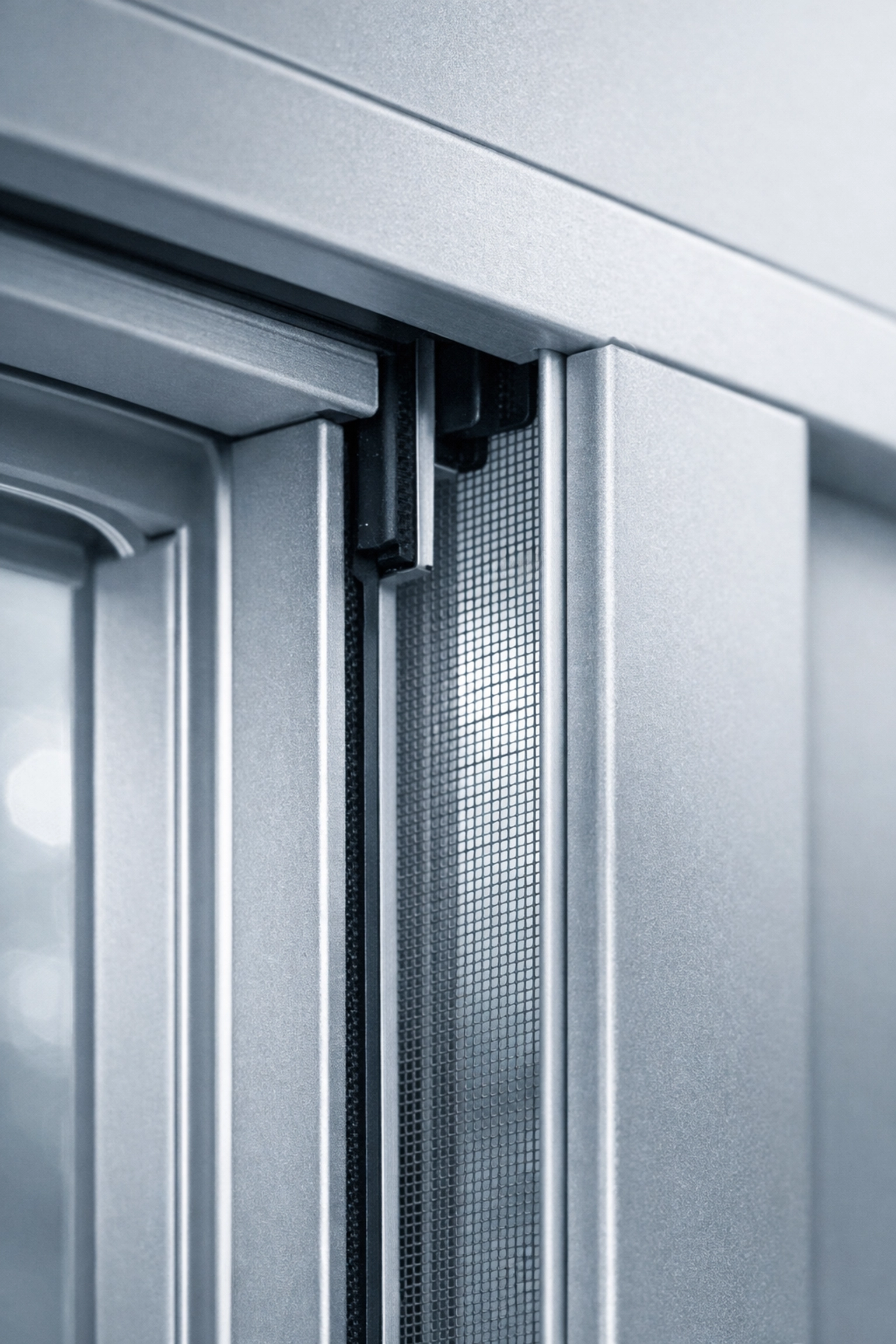 Detailaufnahme einer Rollladen-Führungsschiene mit integriertem Insektenschutz-Gitter.