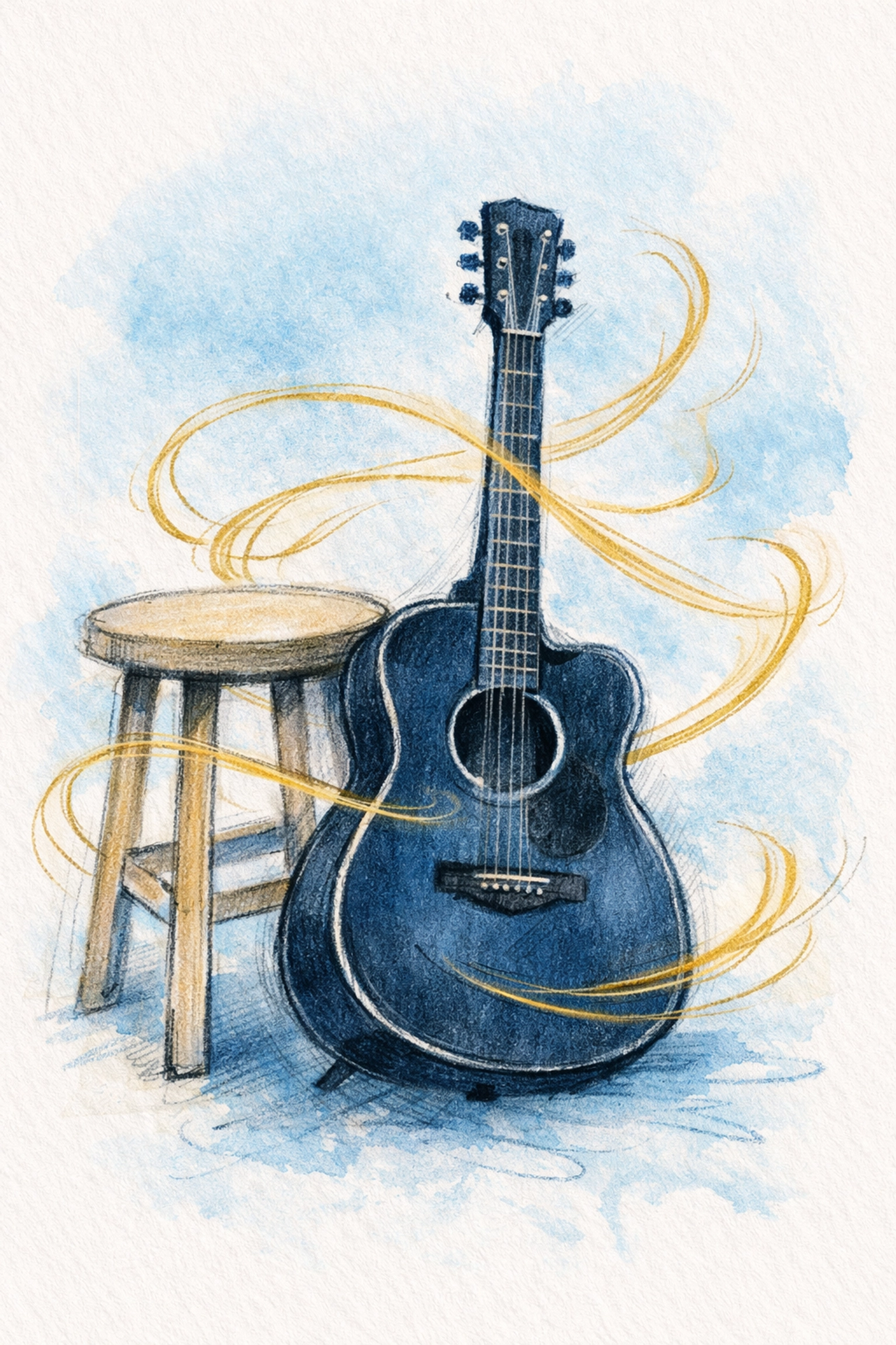 Minimalist drawing of a guitar representing worship and creative devotion in ministry.